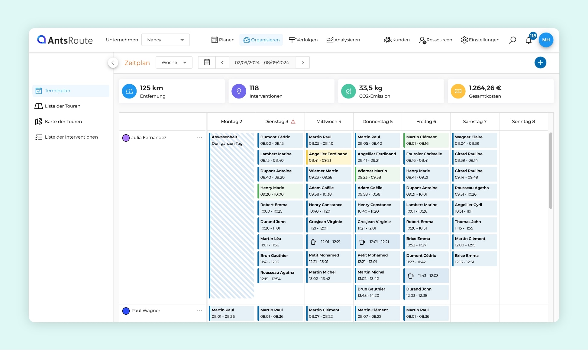 Die AntsRoute-Schnittstelle, die den wöchentlichen Einsatzplan von zwei Technikern zeigt.