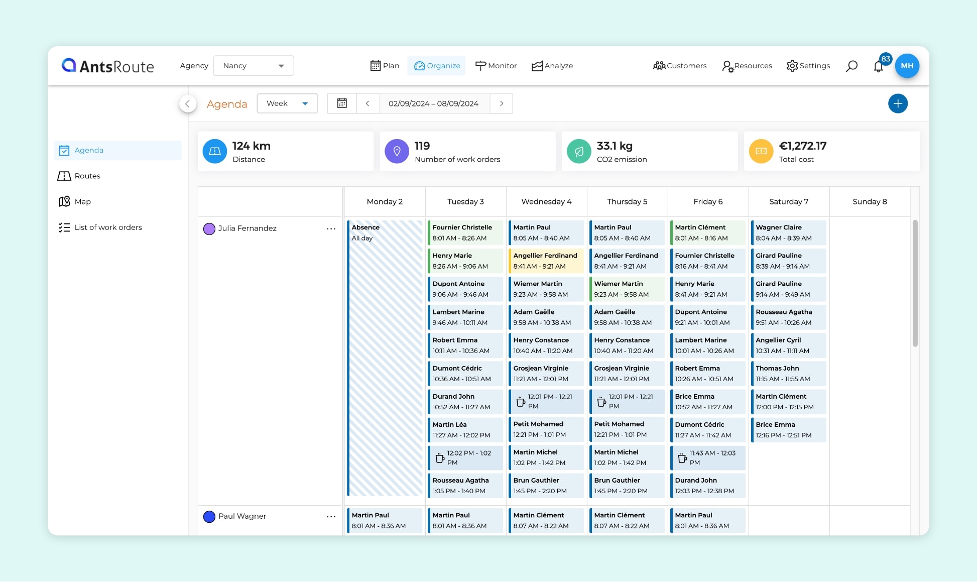 The AntsRoute interface showing a weekly maintenance schedule.
