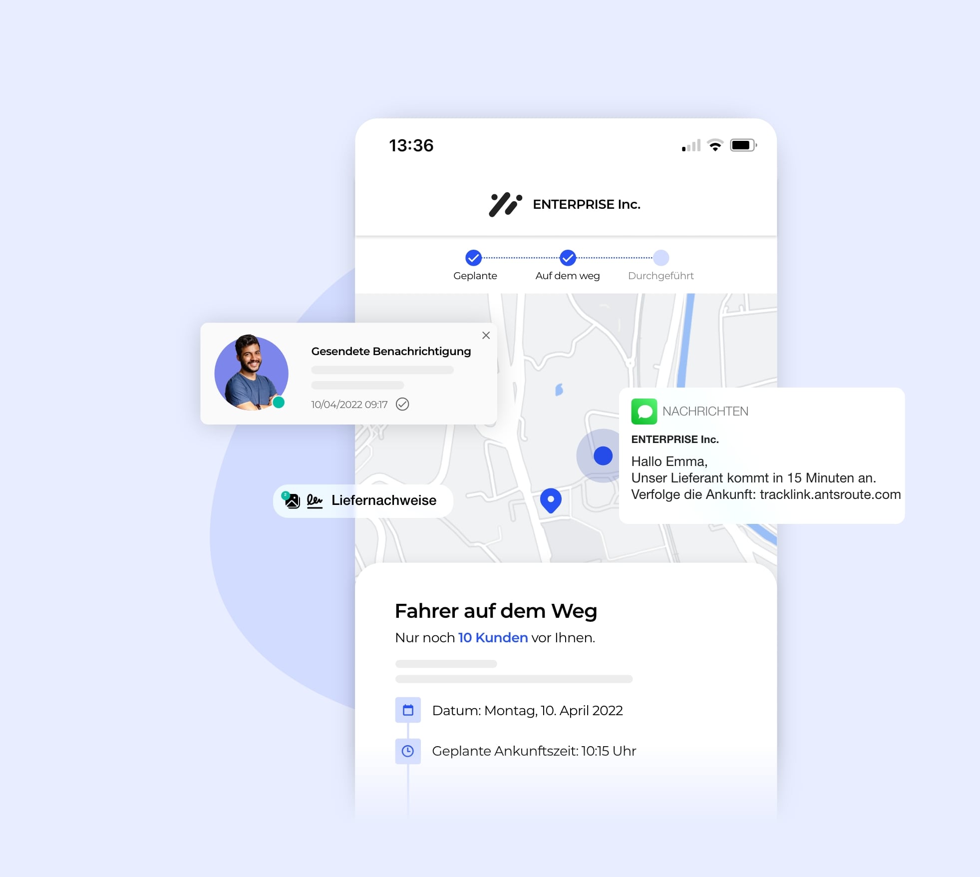 Die AntsRoute-Schnittstelle zeigt den Versand einer Benachrichtigung mit einem Geolocation-Link für den Zusteller.
