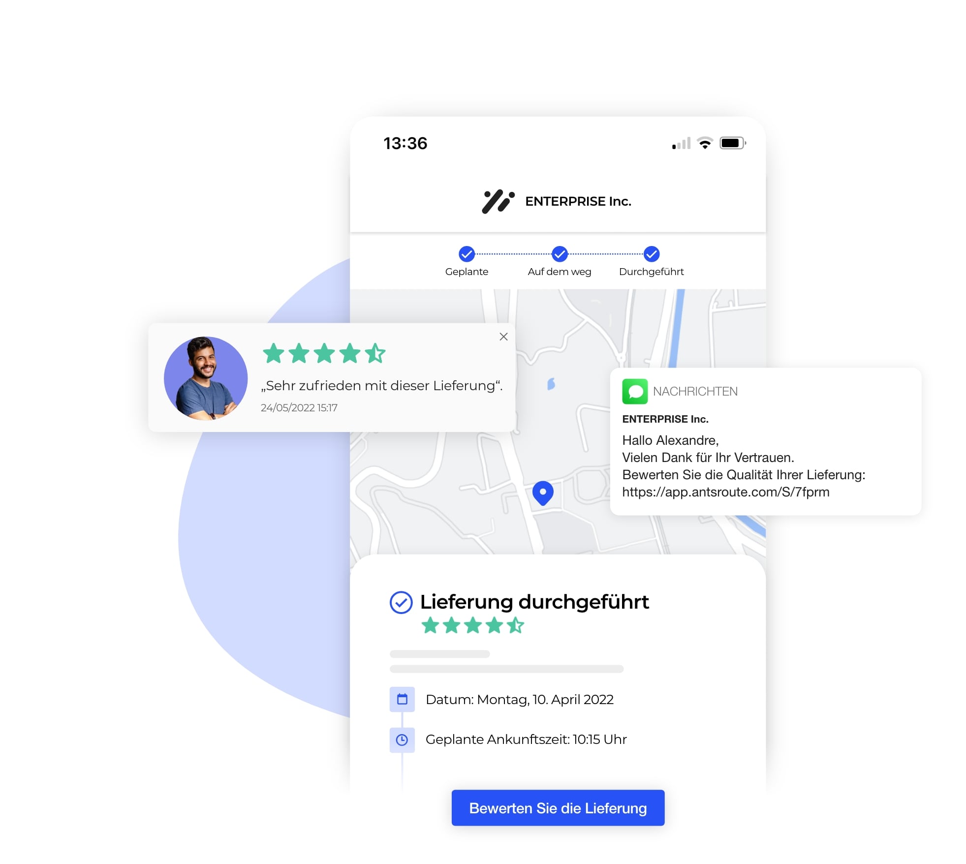 Die AntsRoute-Schnittstelle zeigt die Bewertung der Qualität des Lieferdienstes.