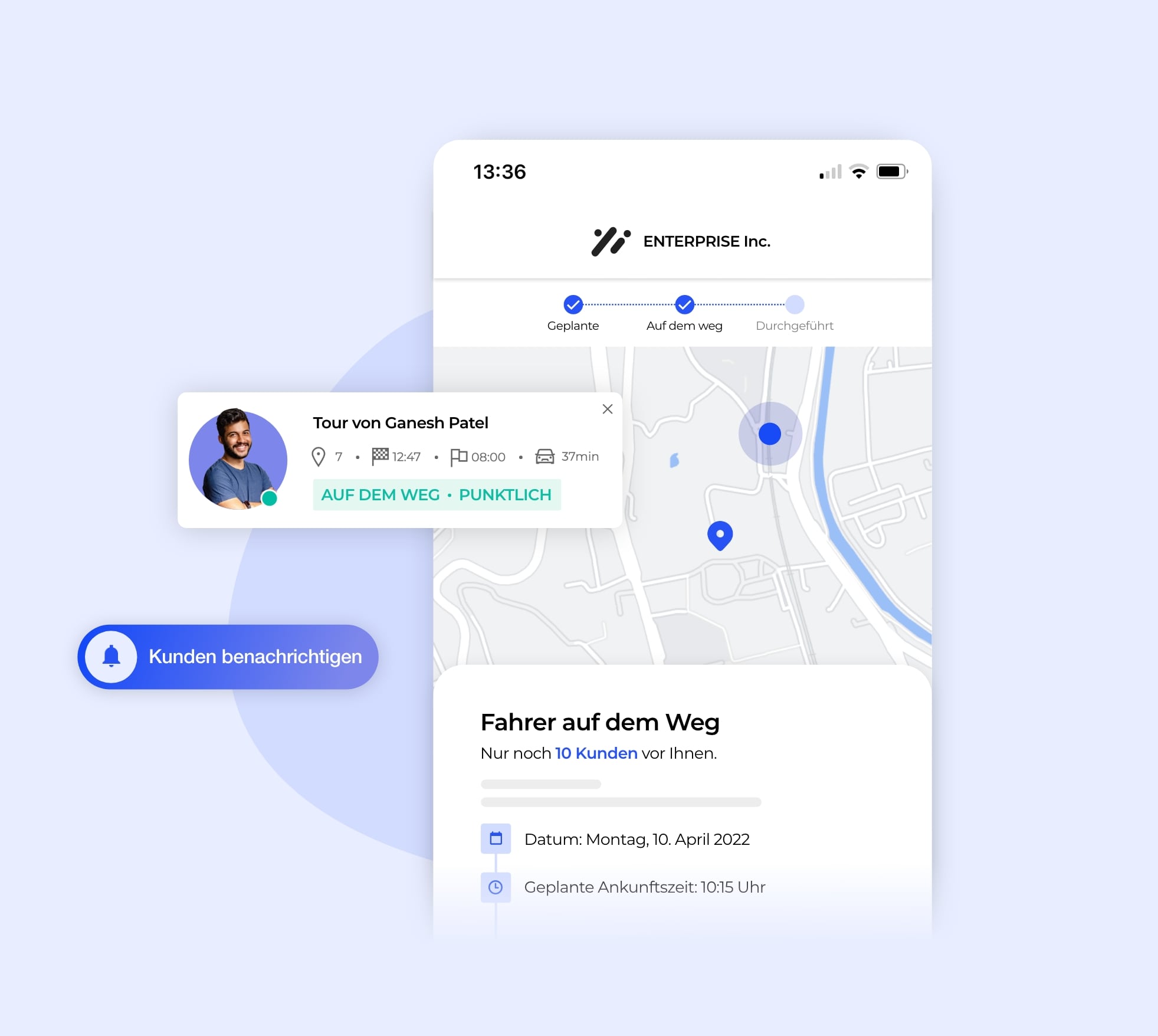 Die AntsRoute-Schnittstelle zeigt die Verfolgung eines Lieferfahrers.
