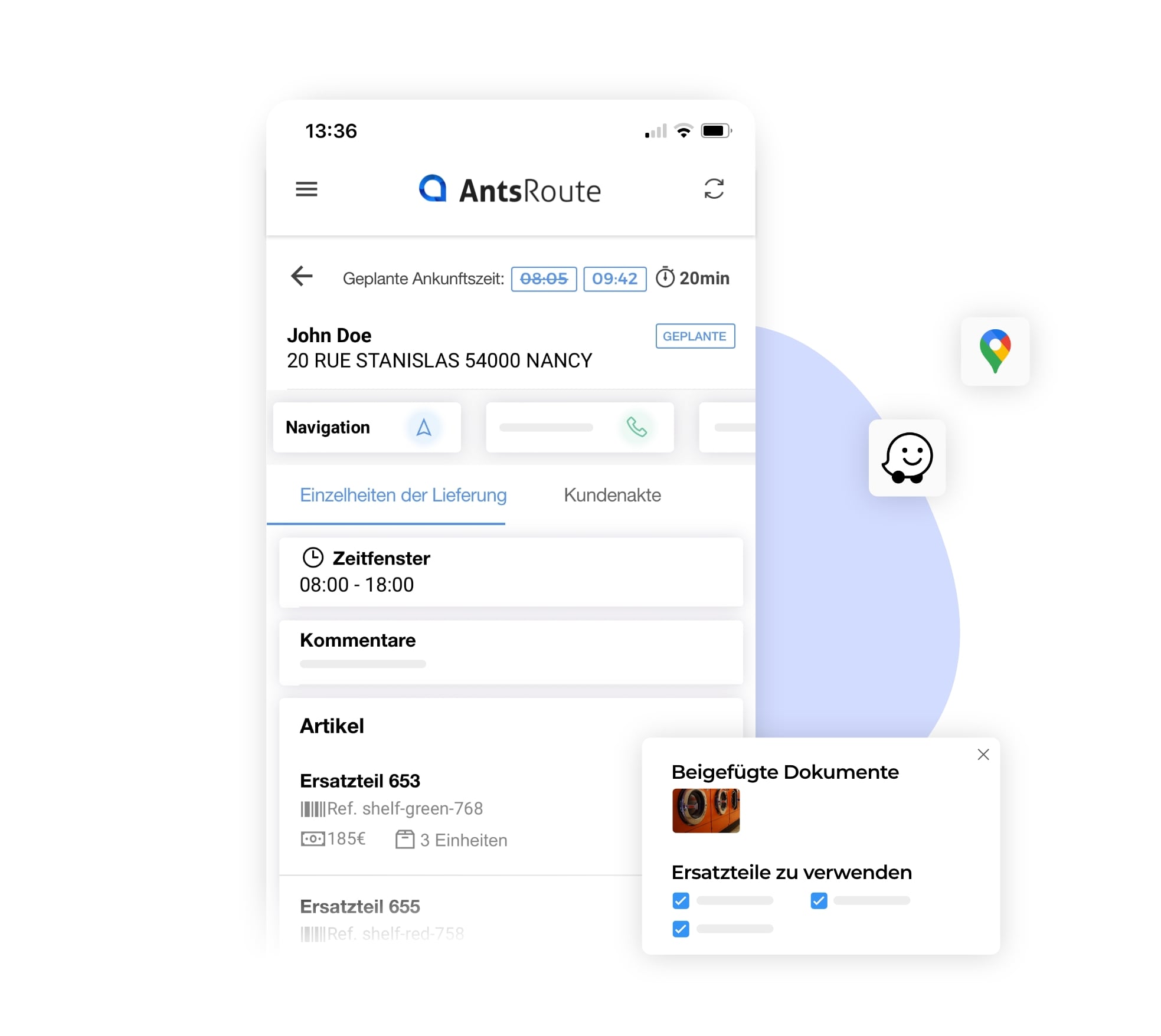 Die mobile Anwendung AntsRoute zeigt die Details eines Arbeitsauftrags.