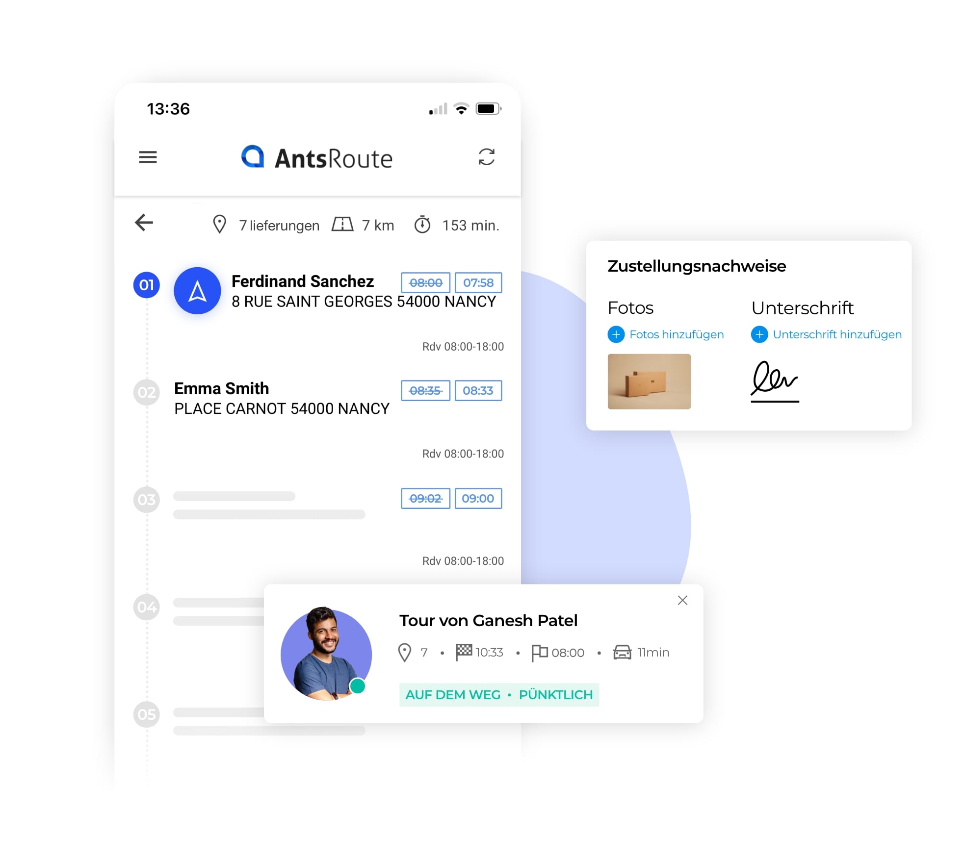 Ein Fahrplan mit Übermittlung des Durchfahrtsnachweises über die mobile Anwendung AntsRoute.