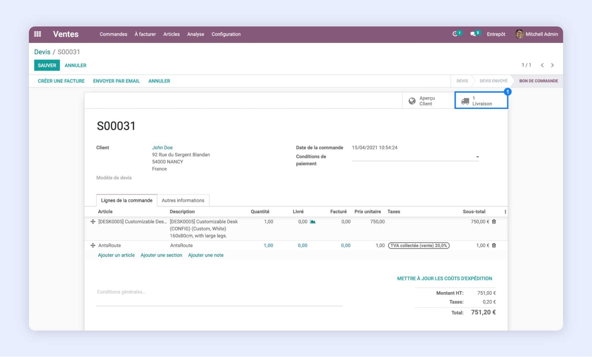 Ajout d'une demande de livraison dans le logiciel Odoo.