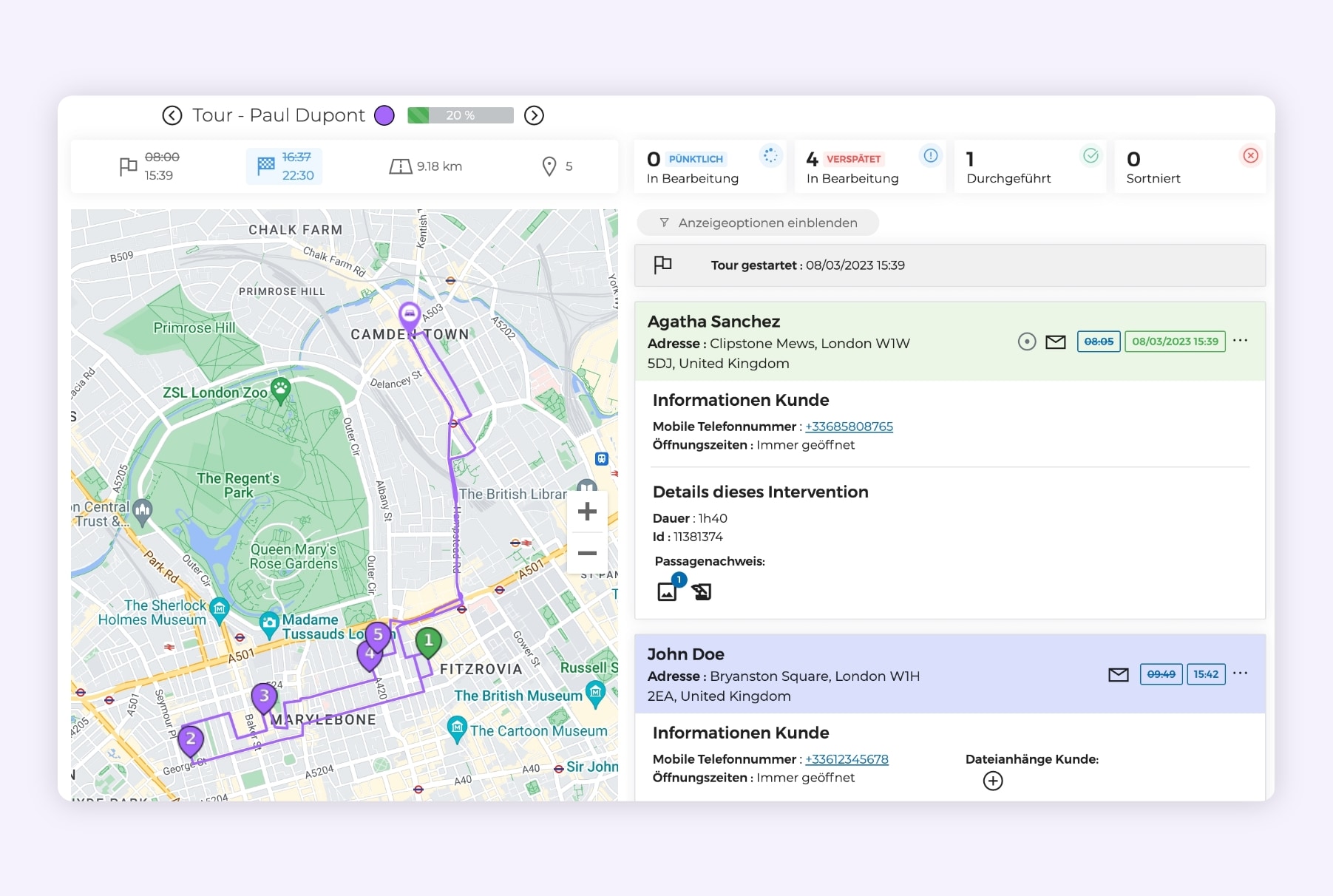Die Schnittstelle der AntsRoute-Software, die drei optimierte Liefertouren zeigt.