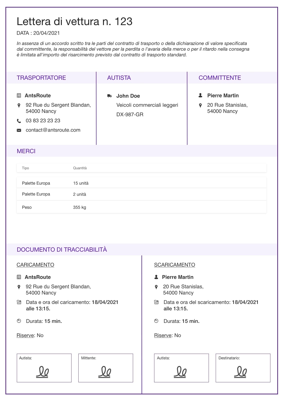 Il modello di una lettera di vettura elettronica generata con AntsRoute.