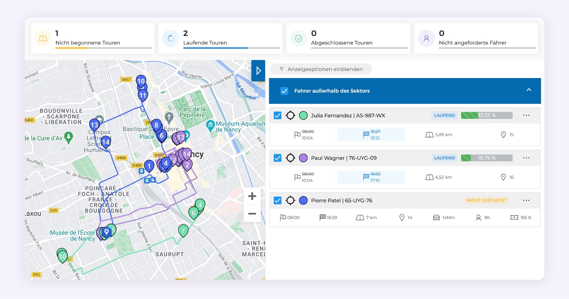 Die Schnittstelle der AntsRoute-Software, die drei optimierte Liefertouren zeigt.