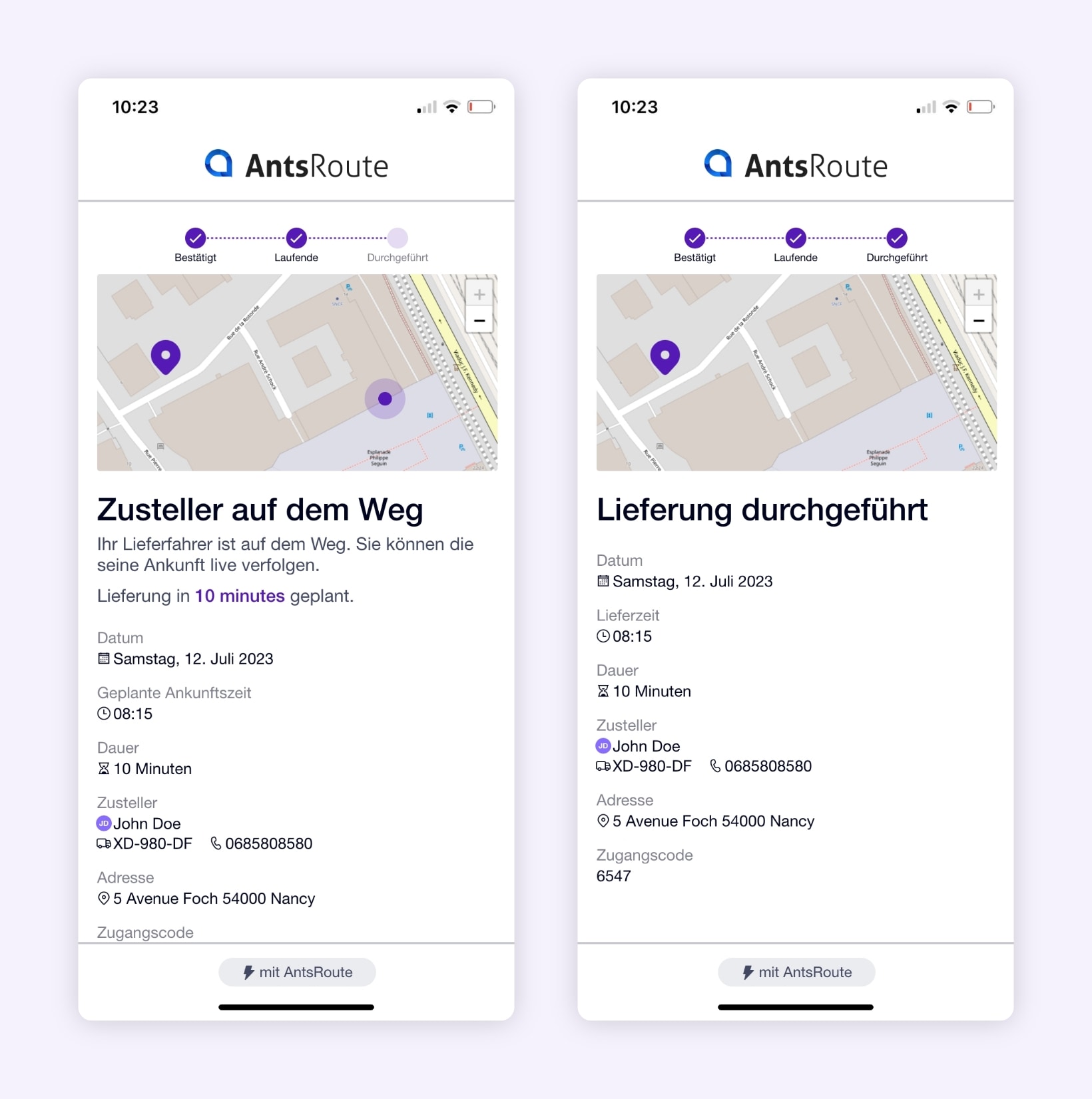 Ein AntsRoute-Link, mit dem Sie die Ankunft eines Zustellers auf einer Karte verfolgen können.