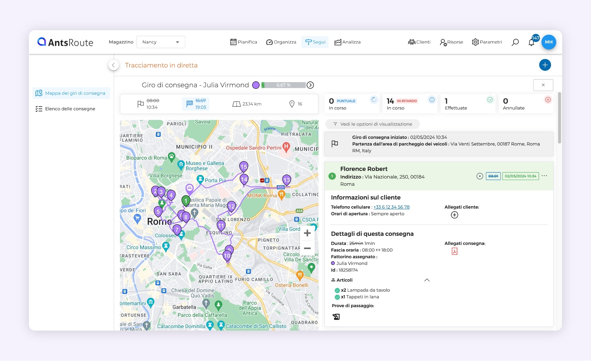 Il software di ottimizzazione dei percorsi AntsRoute mostra un percorso di consegna ottimizzato.