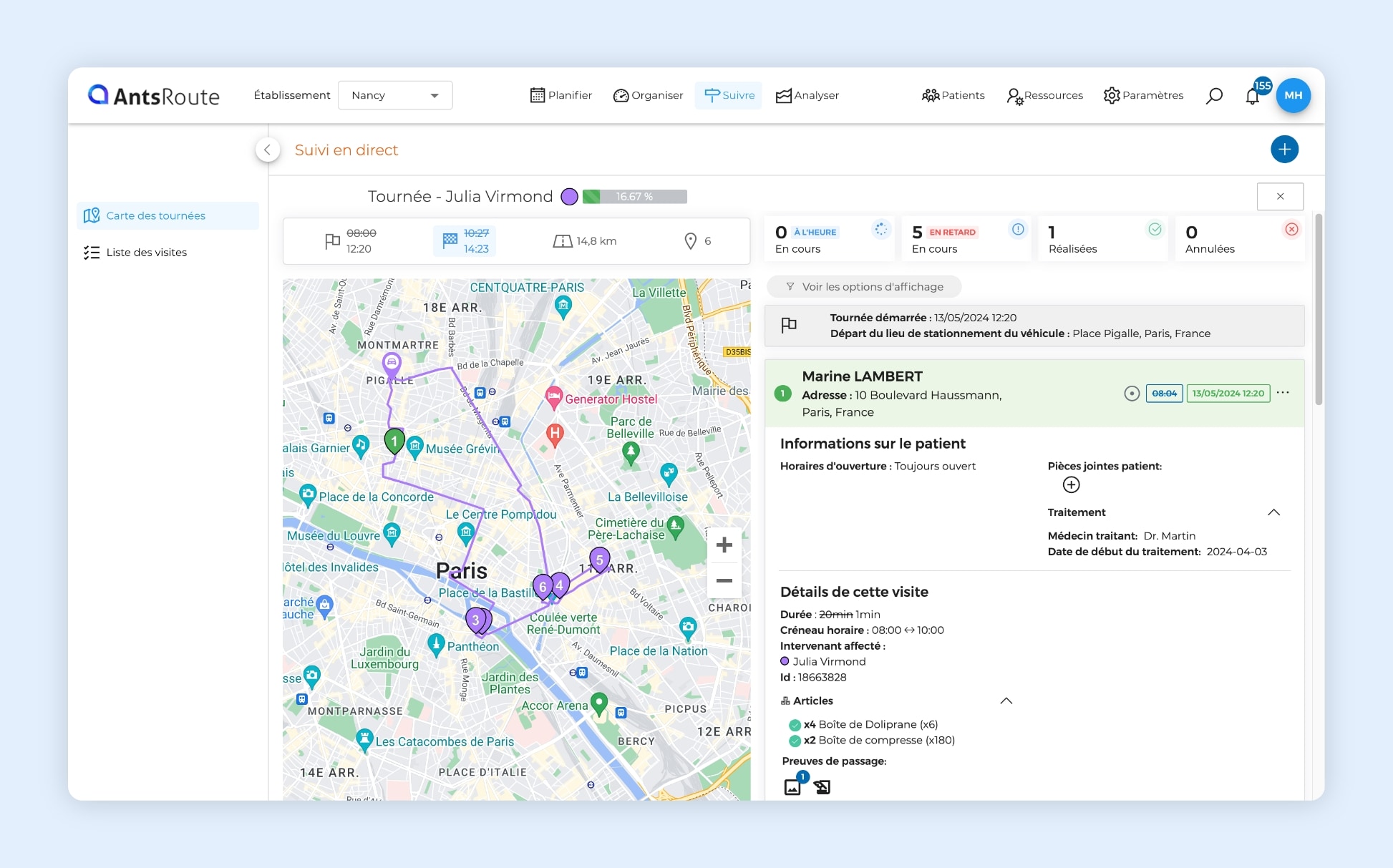 L'interface AntsRoute montrant le suivi d'une tournée de livraison.