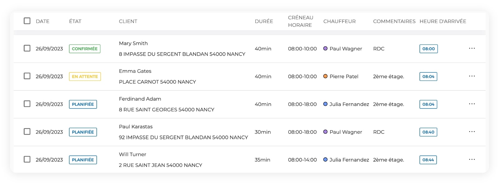 Liste des livraisons planifiées sur AntsRoute.