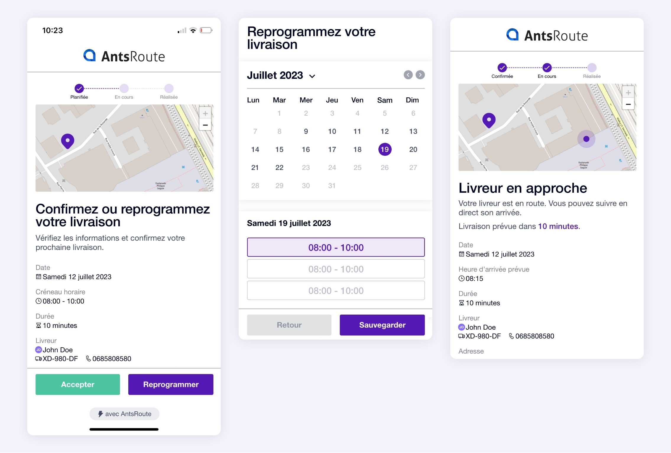 SMS envoyé via AntsRoute avec un lien pour reprogrammer une livraison.