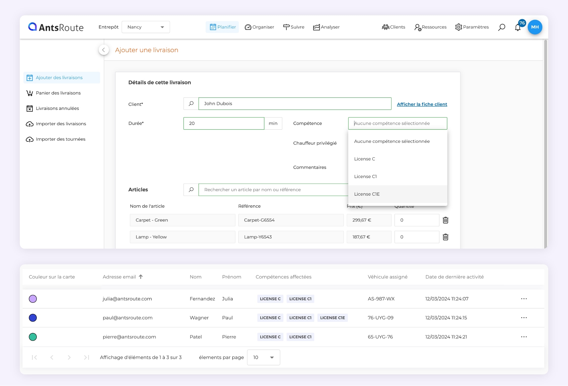La sélection d'une compétence lors de la planification d'une livraison dans AntsRoute.
