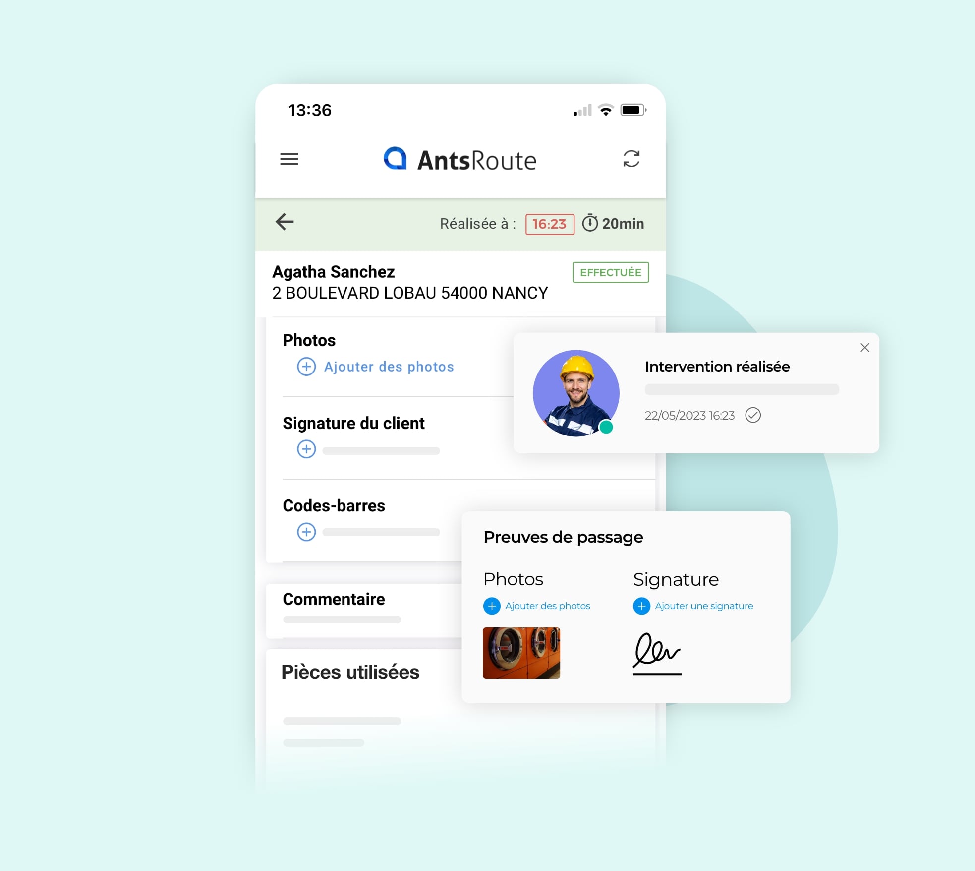 La validation d'une intervention avec ajout des preuves de passage sur l'application mobile AntsRoute.