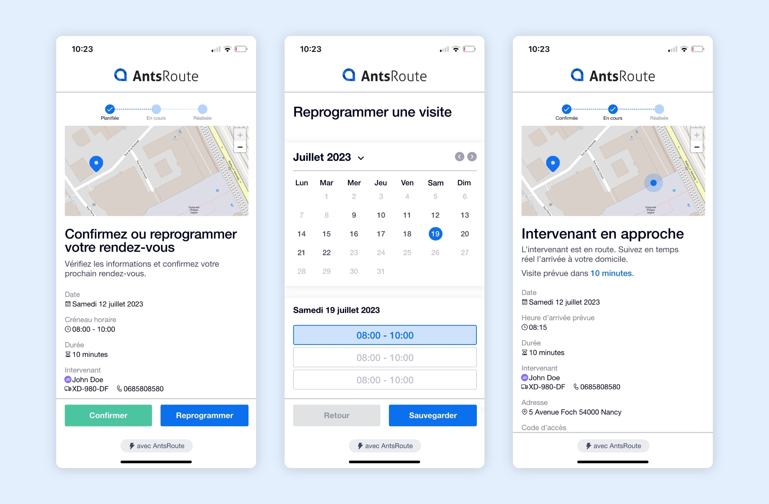 Lien AntsRoute permettant aux patients de reprogrammer un rendez-vous à domicile.