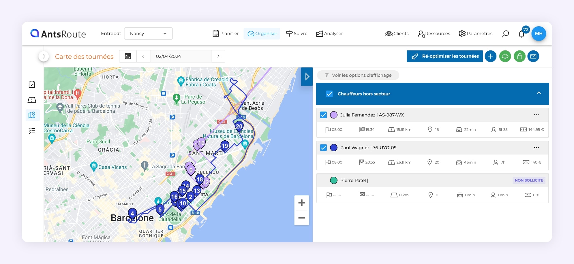 L'interface AntsRoute montrant deux tournées de livraison optimisées.