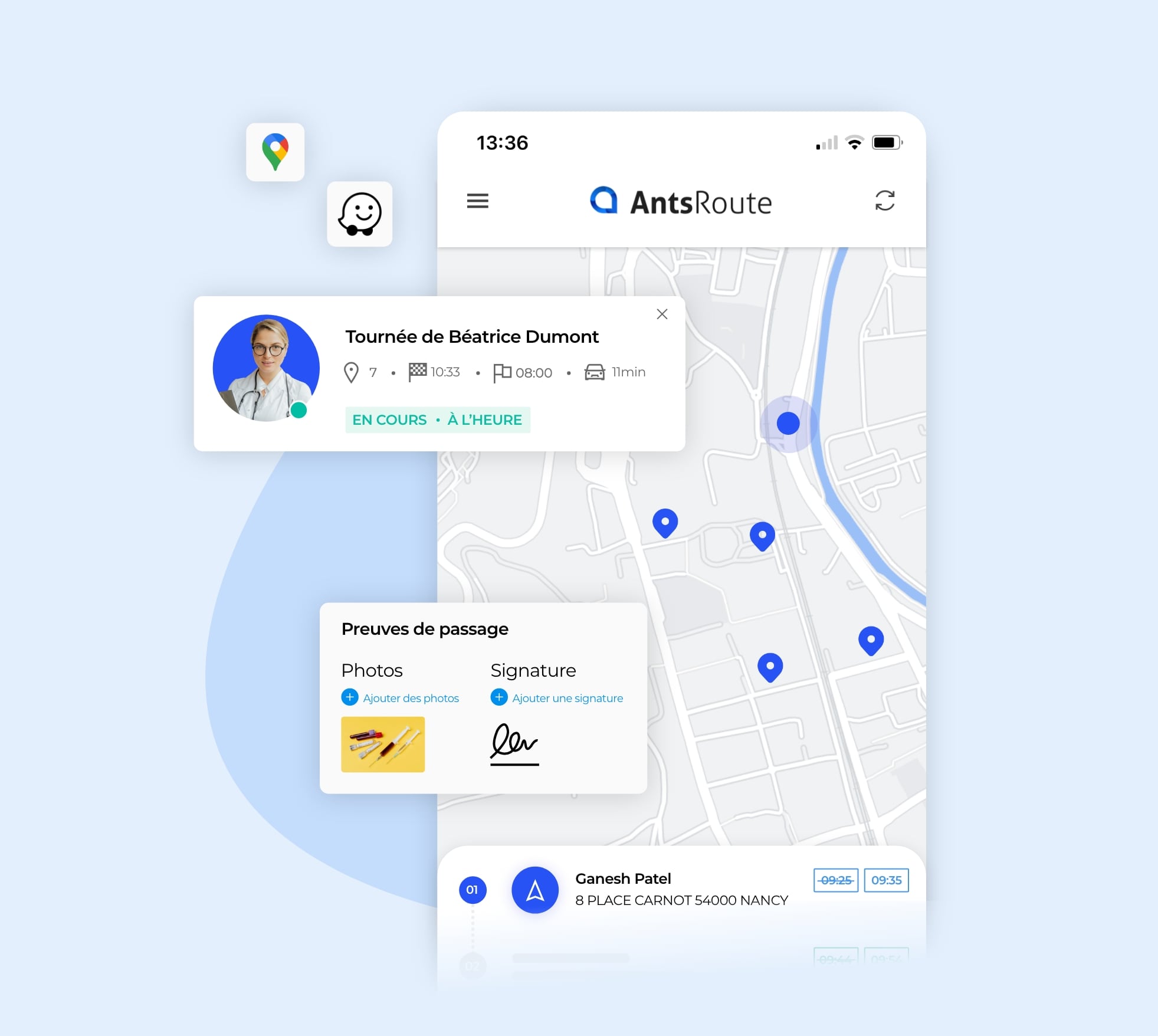 L’application mobile de suivi de tournées AntsRoute s’intègre avec des systèmes de navigation.