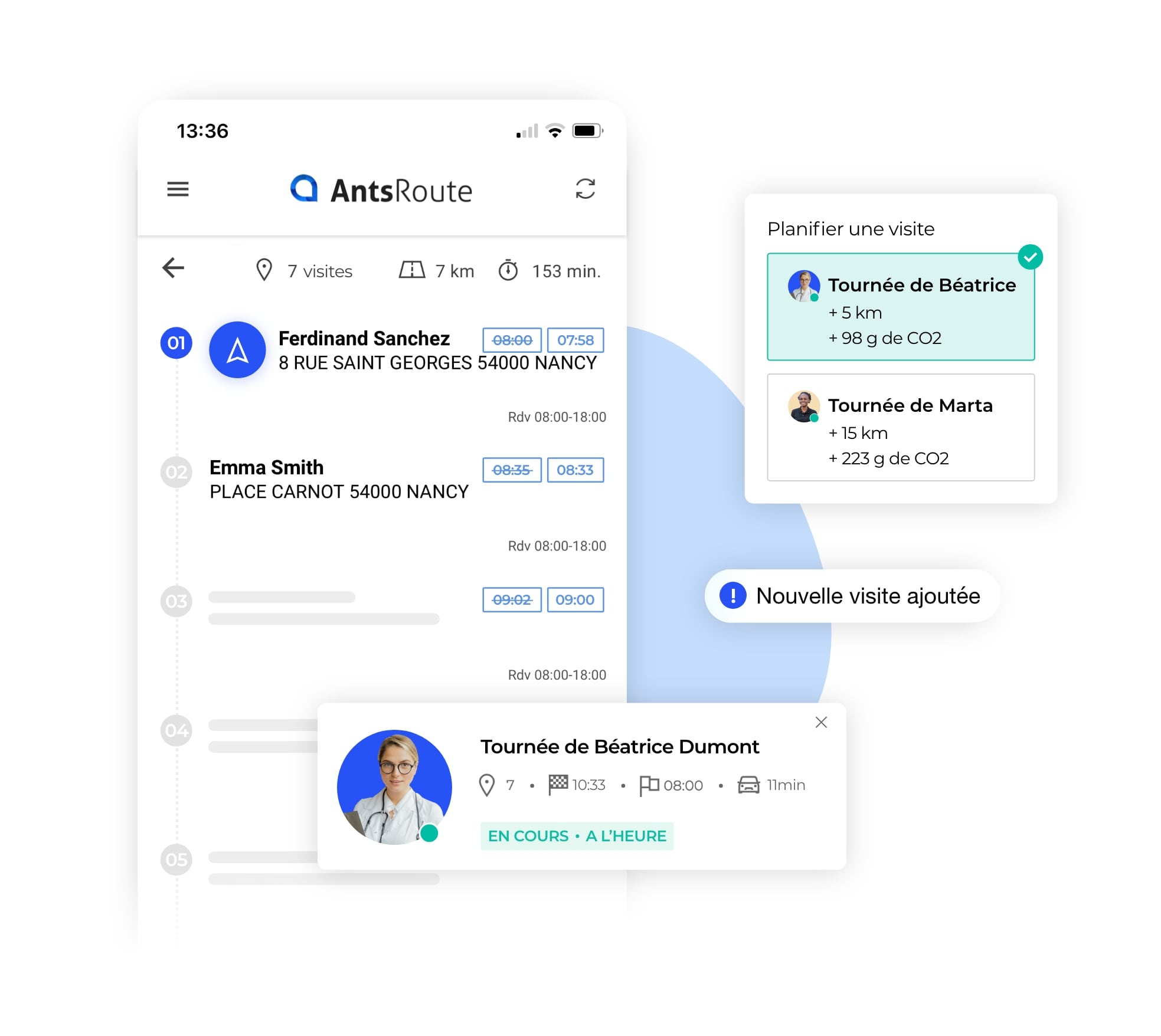La liste des visites d'une tournée sur l'application mobile AntsRoute.