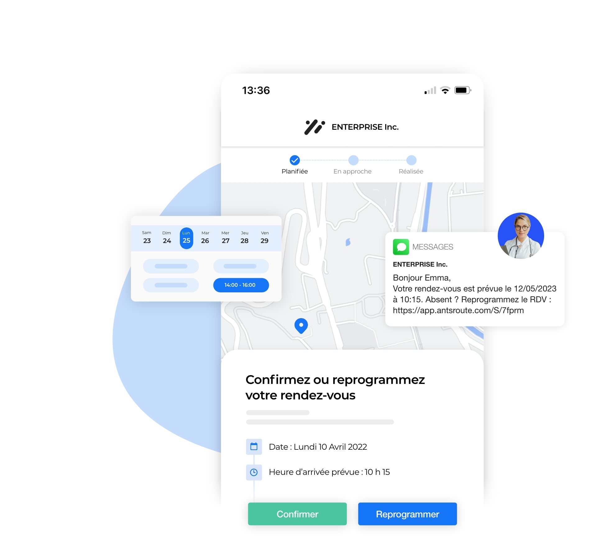 Un message envoyé au patient avec un lien pour confirmer ou reprogrammer un rendez-vous.