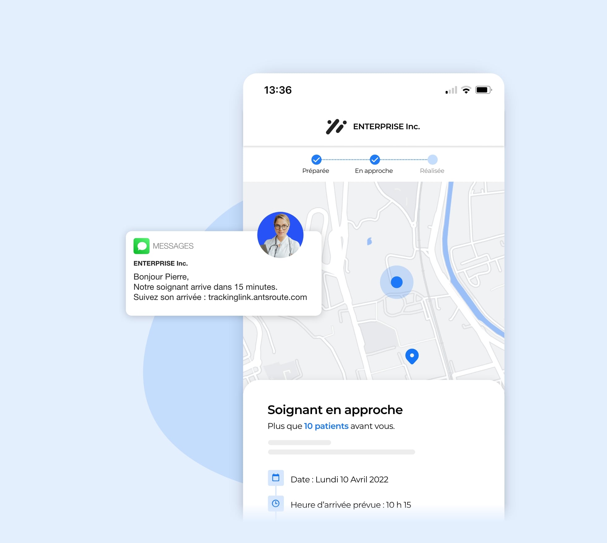 Un message envoyé au patient avec un lien pour suivre en direct l’arrivée du soignant.