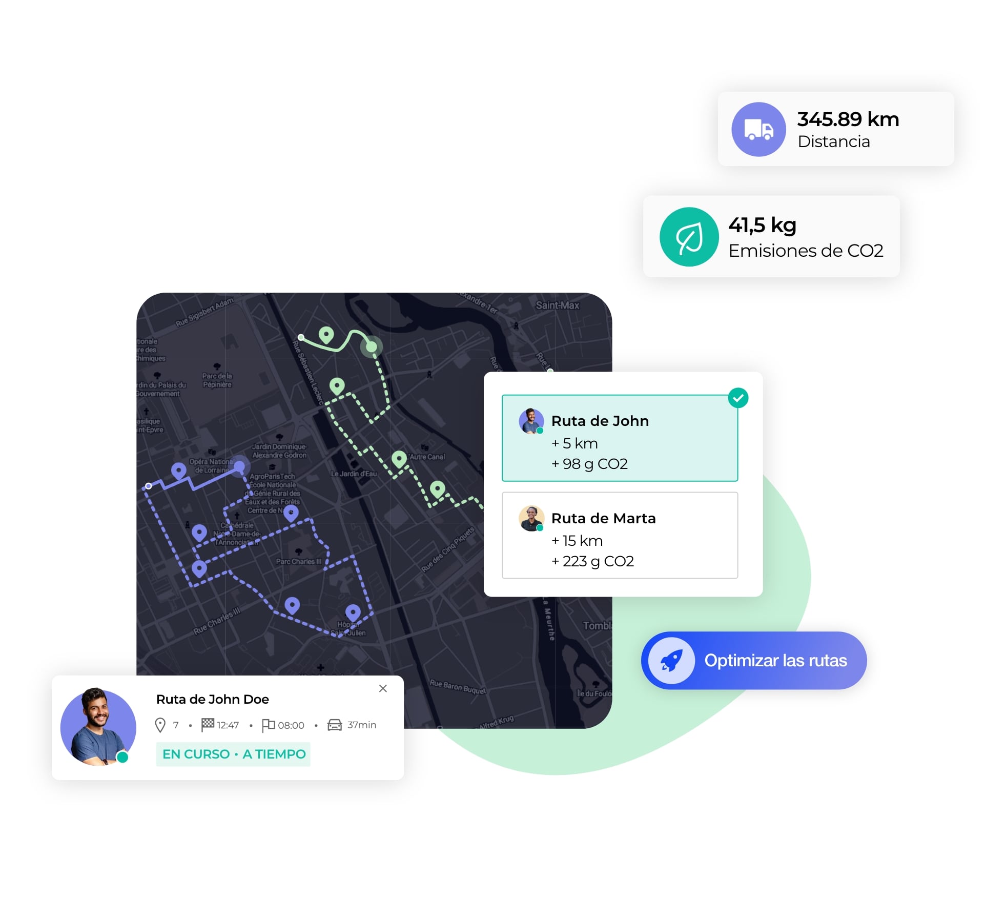 Optimización de dos rutas en la interfaz AntsRoute, con reducción de las emisiones de CO2.