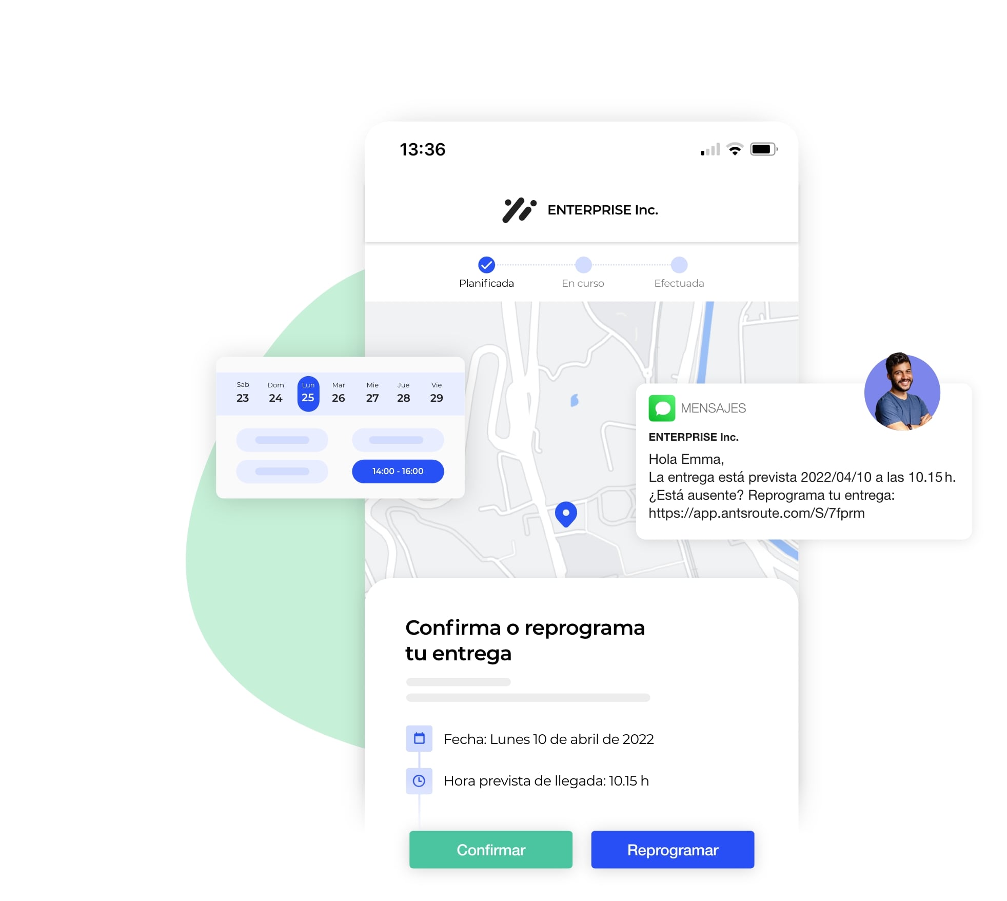 Mensaje que permite al cliente confirmar o reprogramar la visita del conductor.