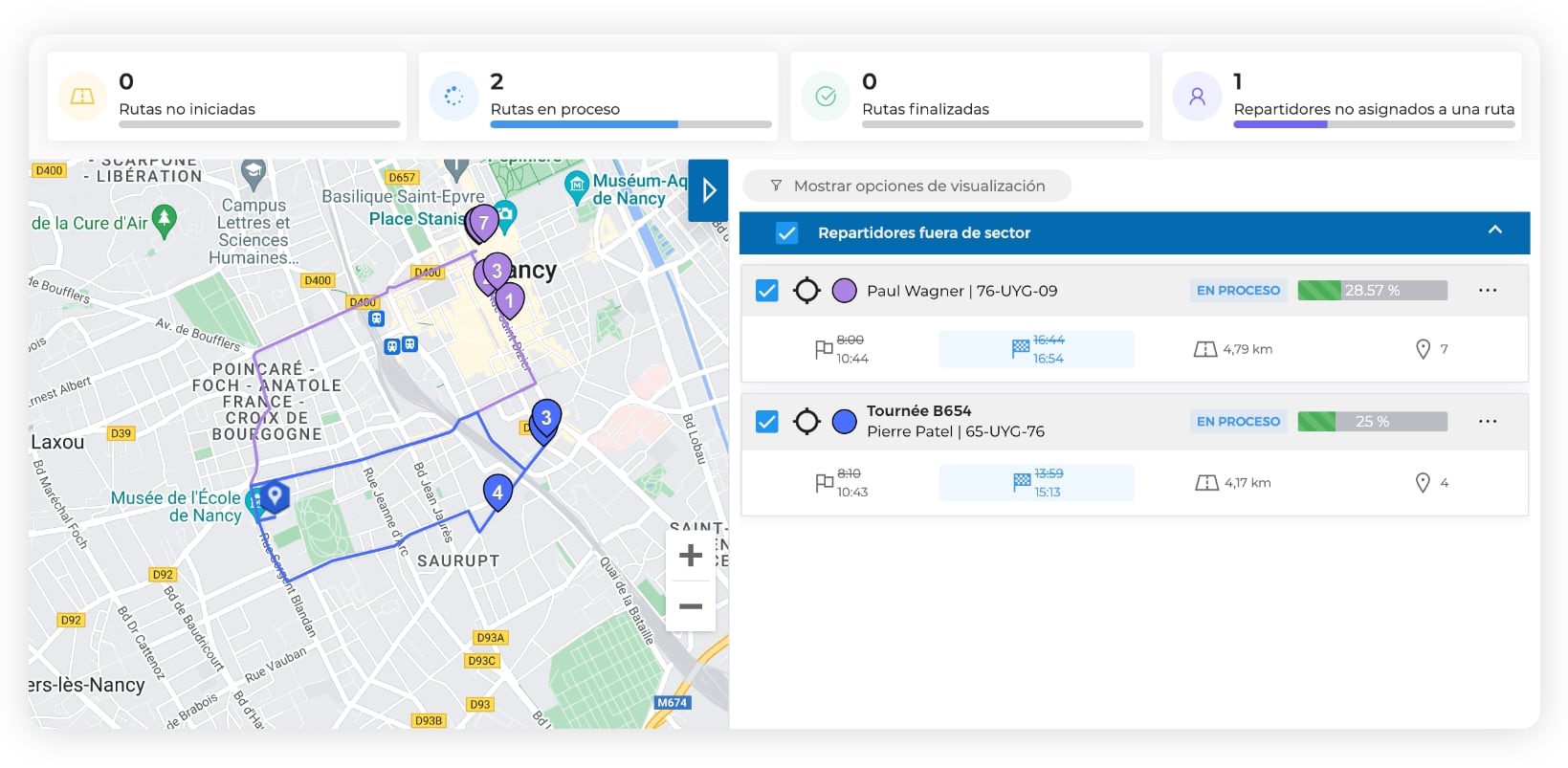 La interfaz de AntsRoute muestra dos rutas de reparto en curso.