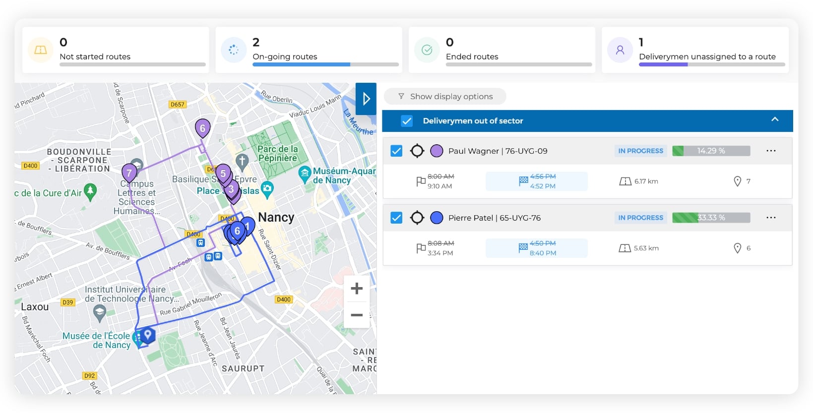 The AntsRoute interface showing the tracking of two ongoing delivery routes.