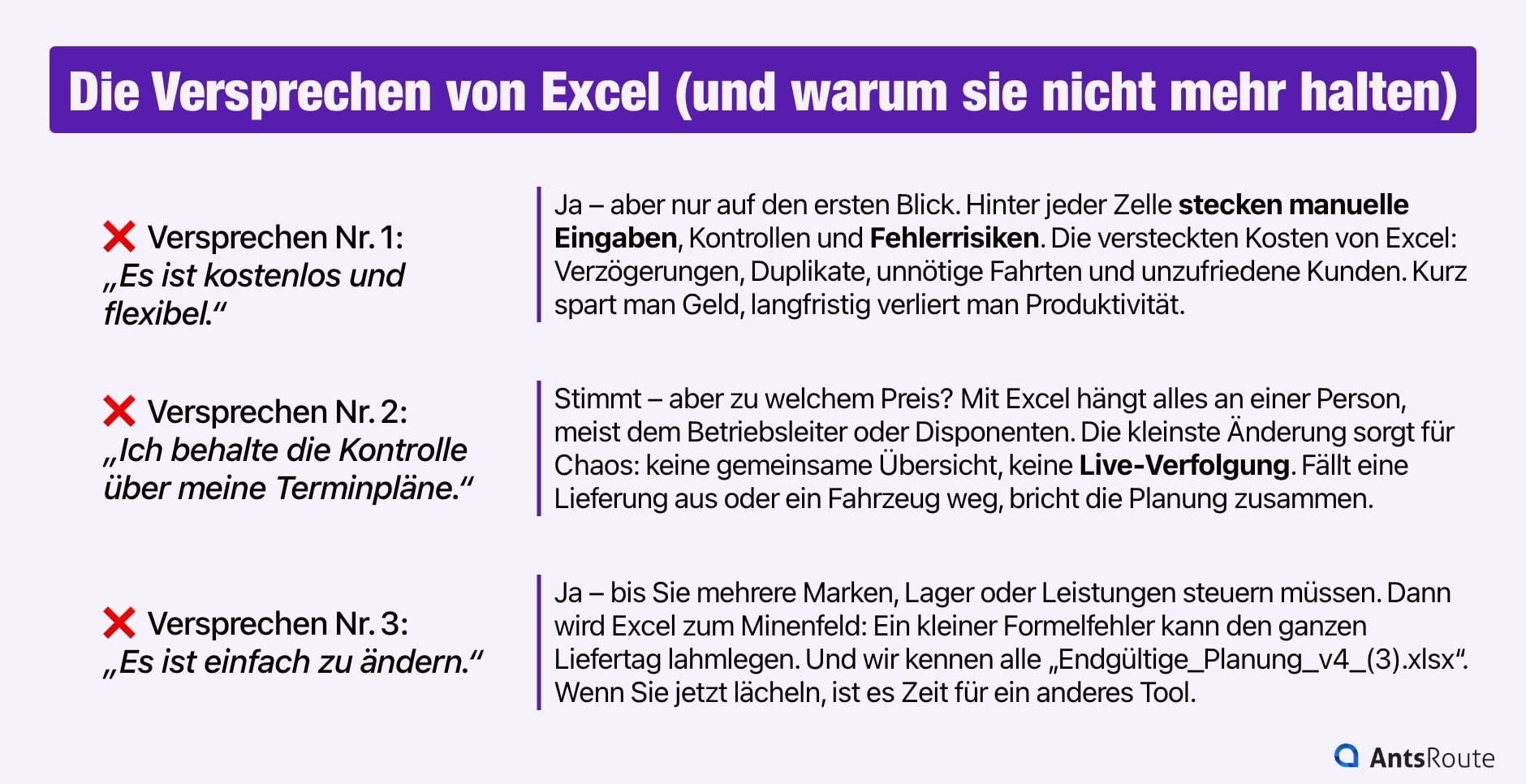 Schema, das die Versprechen von Excel darstellt und erklärt, warum sie im Transportsektor nicht mehr halten.