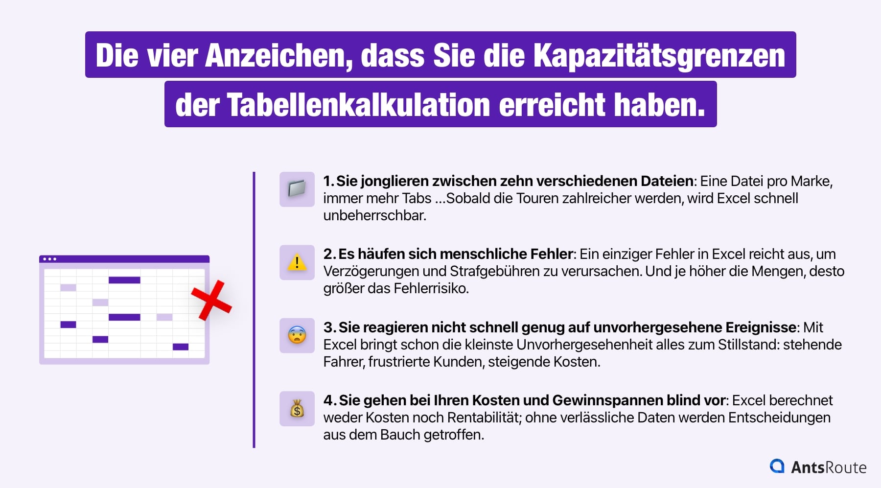 Schema, das die 4 Anzeichen dafür zeigt, dass die Grenzen von Excel zur Tourenplanung überschritten wurden.