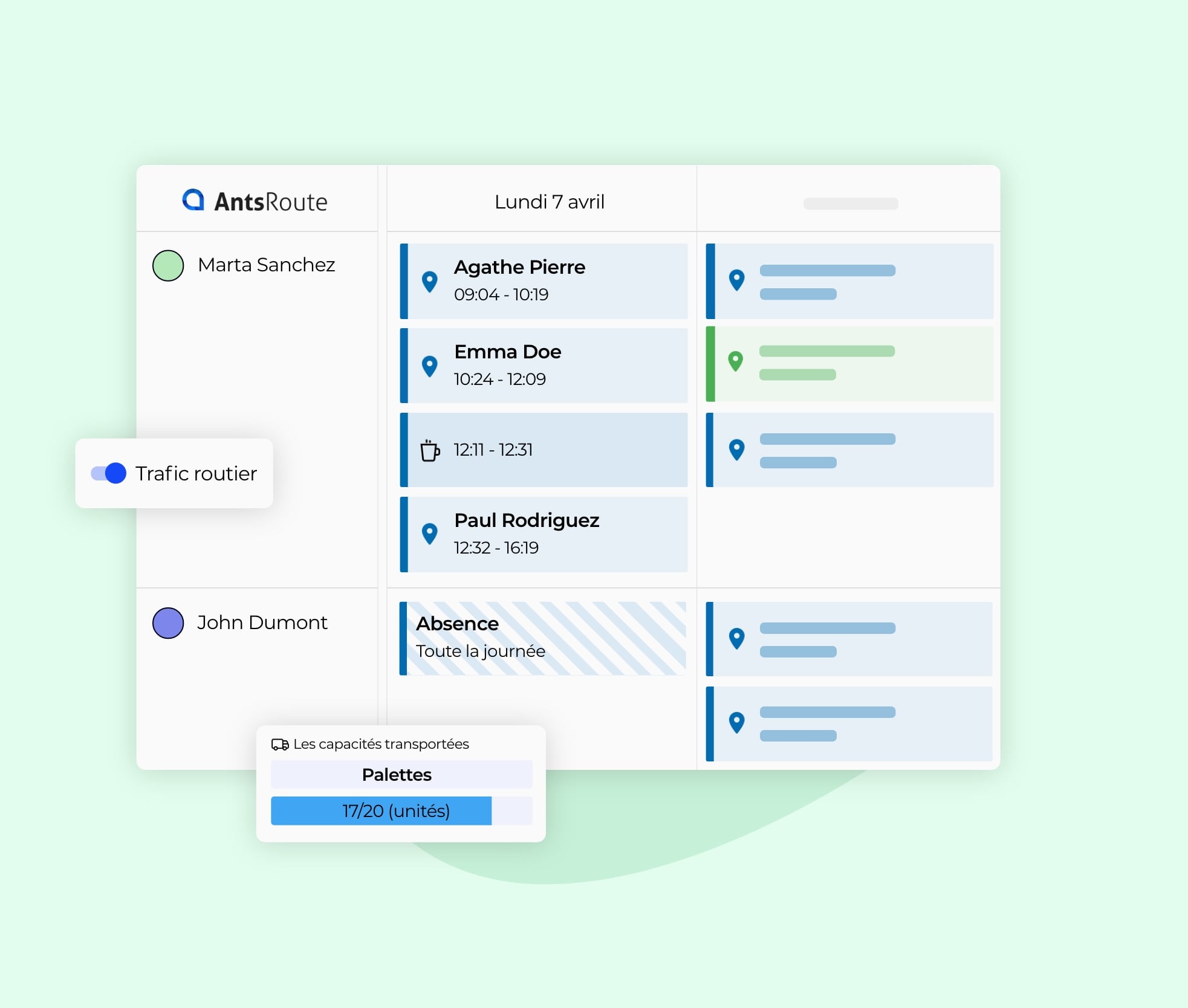 Planning des tournées avec taux d'occupation des véhicules.