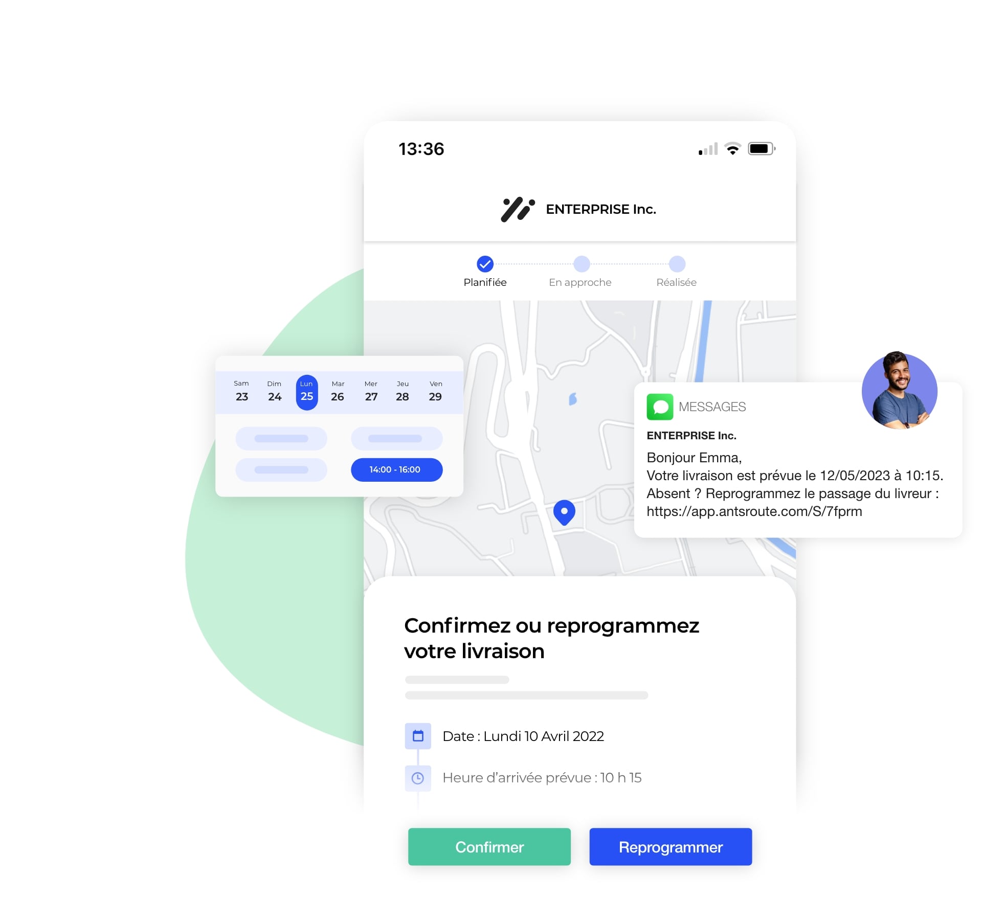 Message permettant au client de confirmer ou reprogrammer le passage du chauffeur.