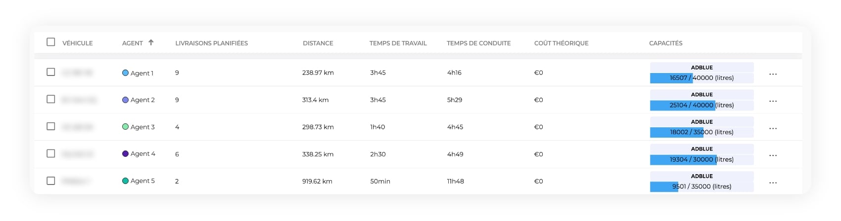 L'interface AntsRoute montrant la gestion des capacités de chargement des véhicules.