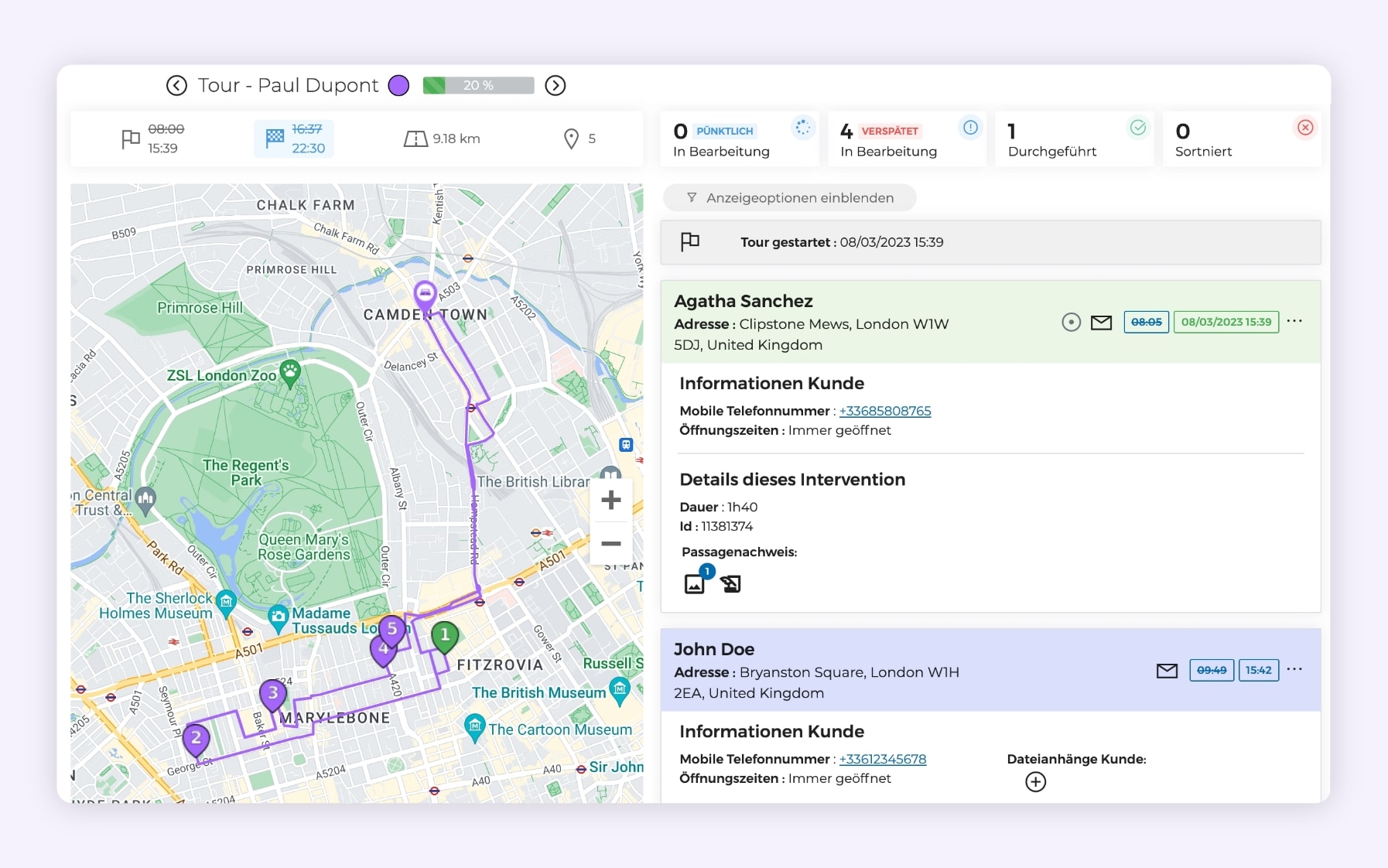 Die AntsRoute-Schnittstelle, die die Live-Verfolgung einer Liefertour zeigt.