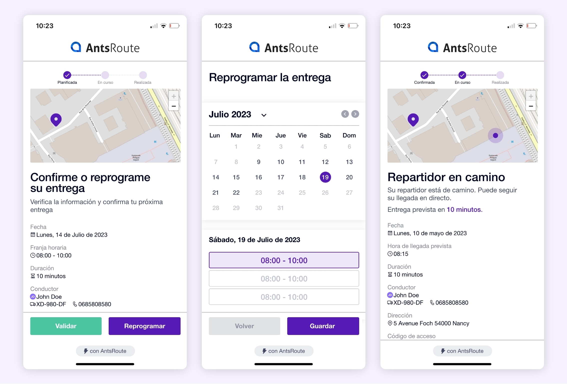Enlace para reprogramar una entrega y geolocalizar un pedido enviado con AntsRoute.