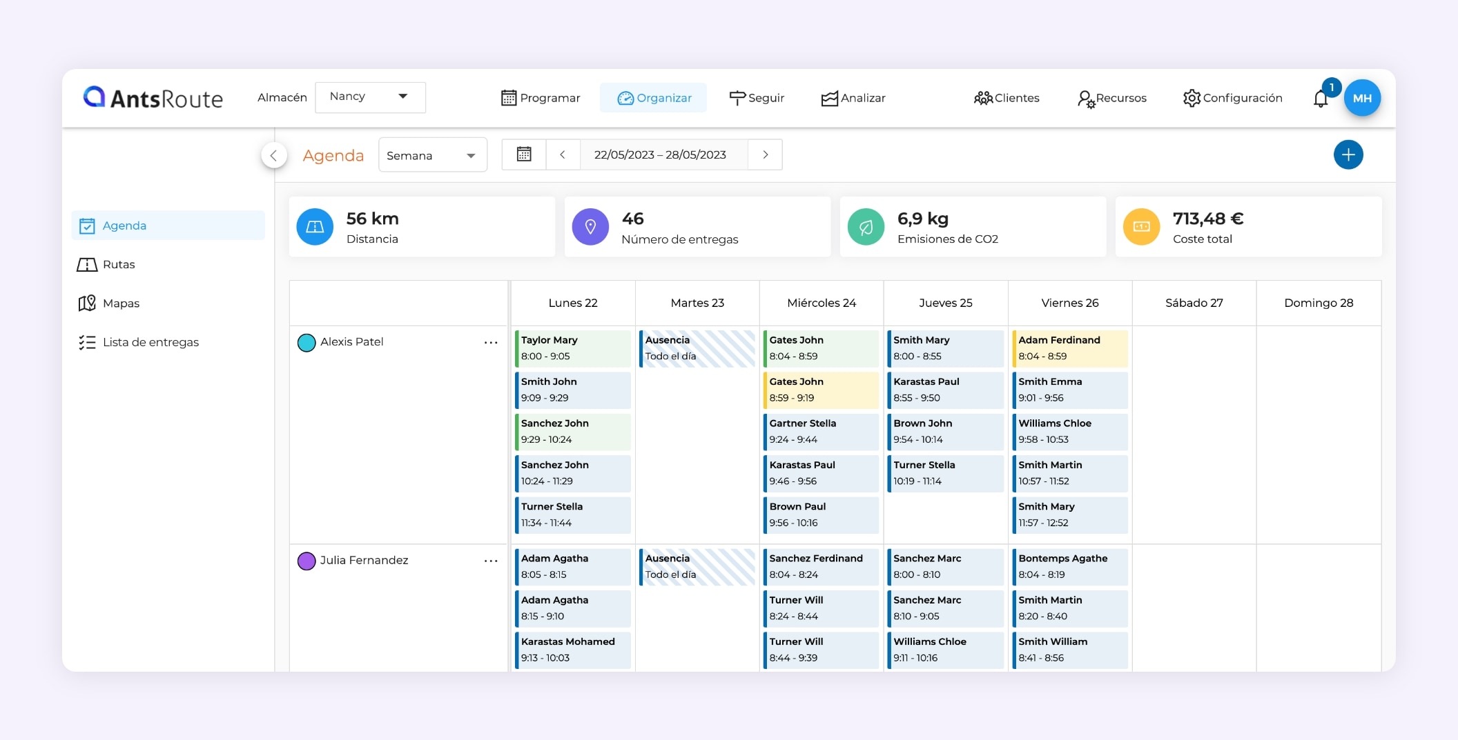 La interfaz de AntsRoute muestra un plan de entregas semanal.