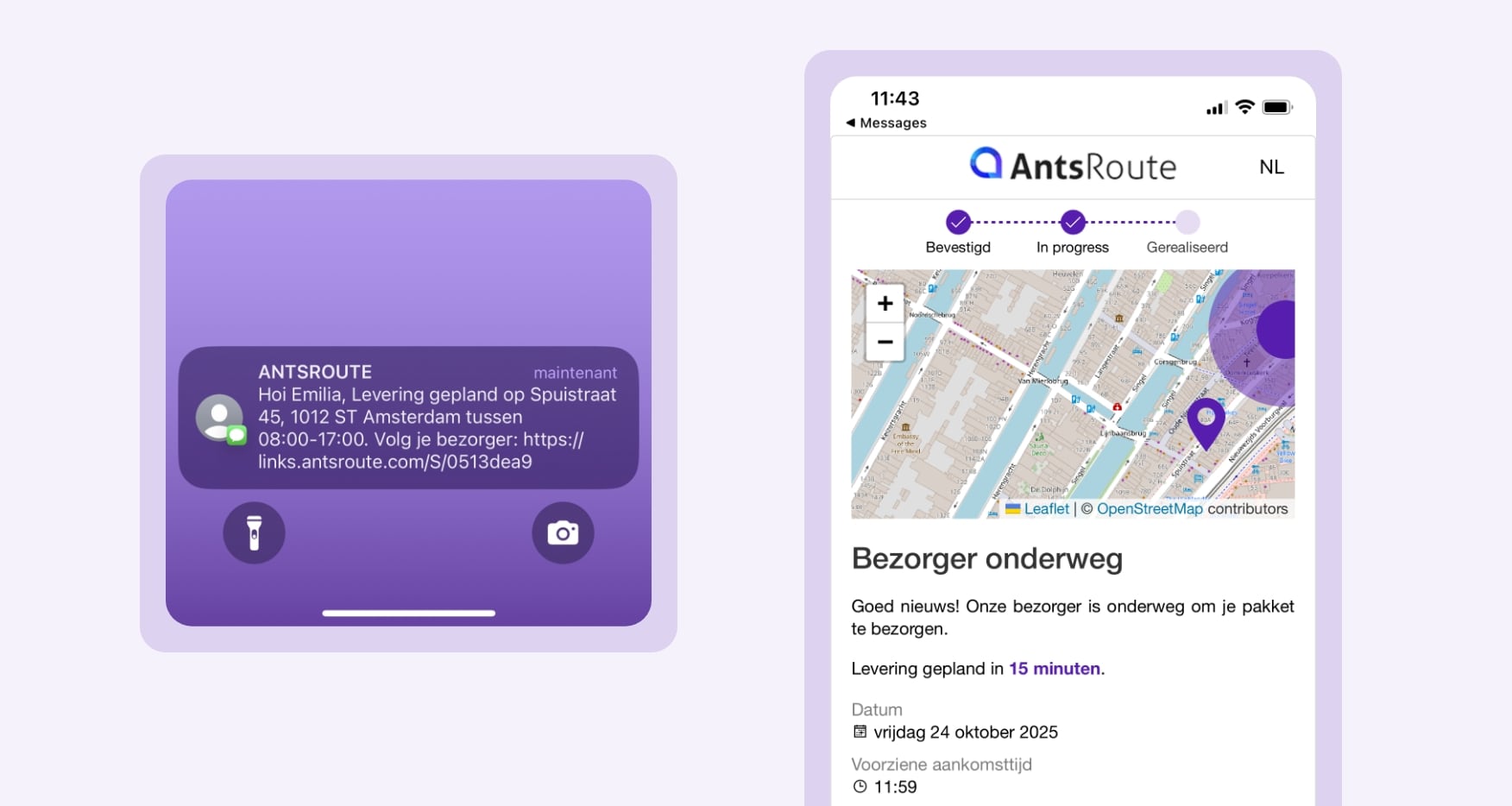 Voorbeeld van een leveringsmelding die aangeeft dat de bezorger in aantocht is, verzonden via AntsRoute.