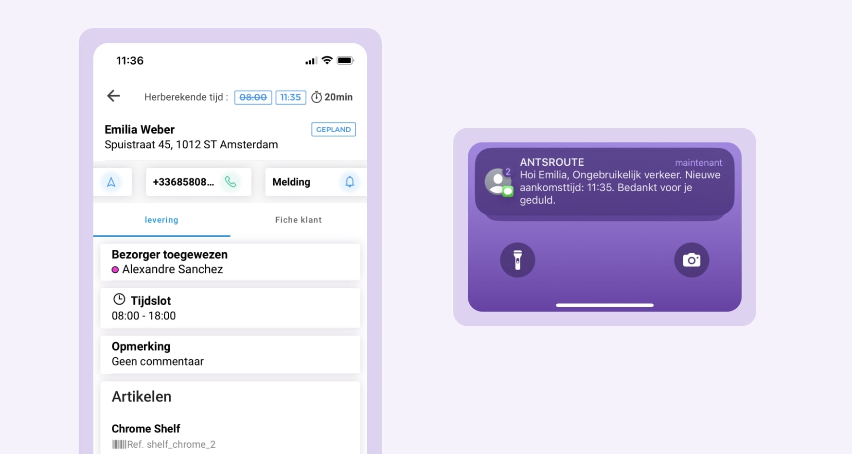 Voorbeeld van een leveringsmelding die via de mobiele AntsRoute-app door de bezorger wordt verzonden.
