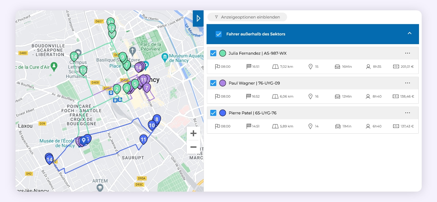 Die AntsRoute-Schnittstelle, die drei optimierte Routen zeigt.