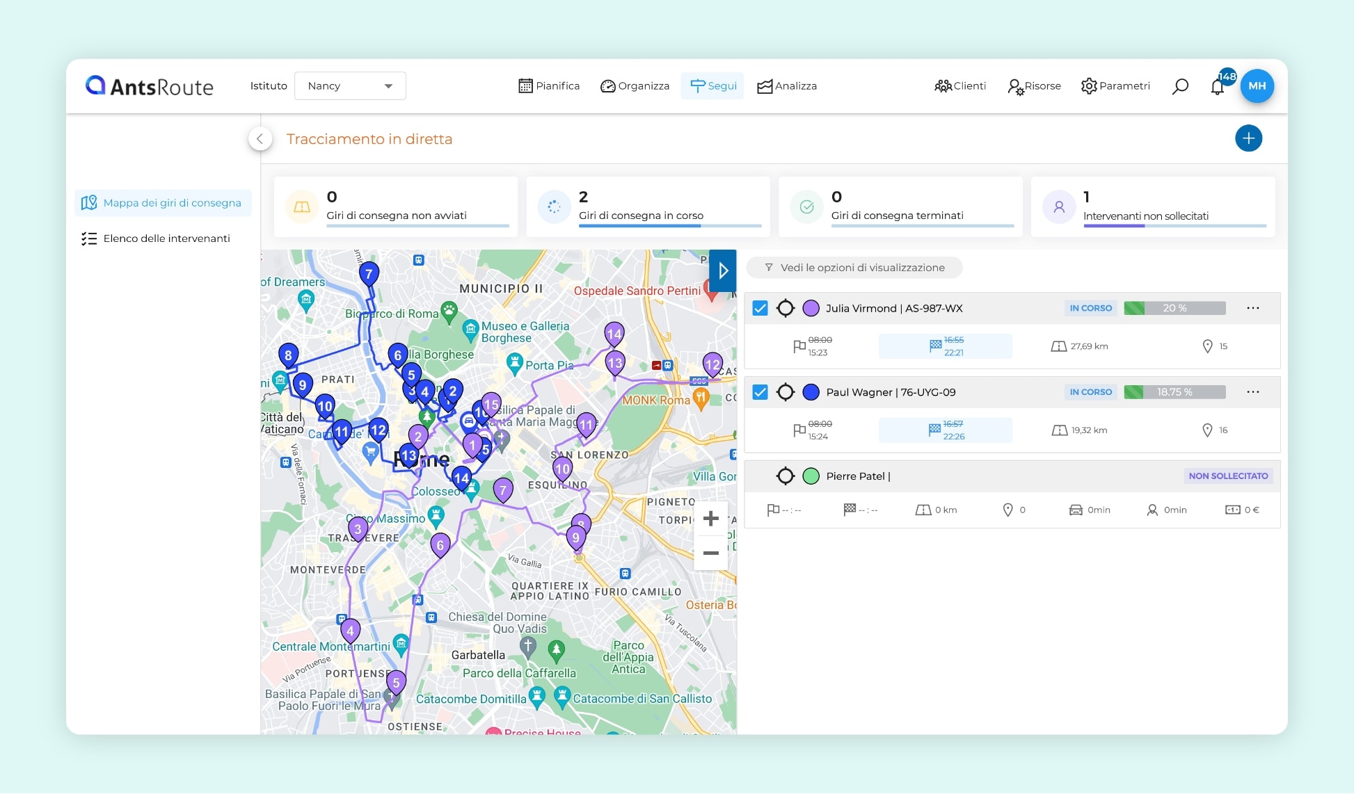 L'interfaccia del software AntsRoute che mostra due giri ottimizzati