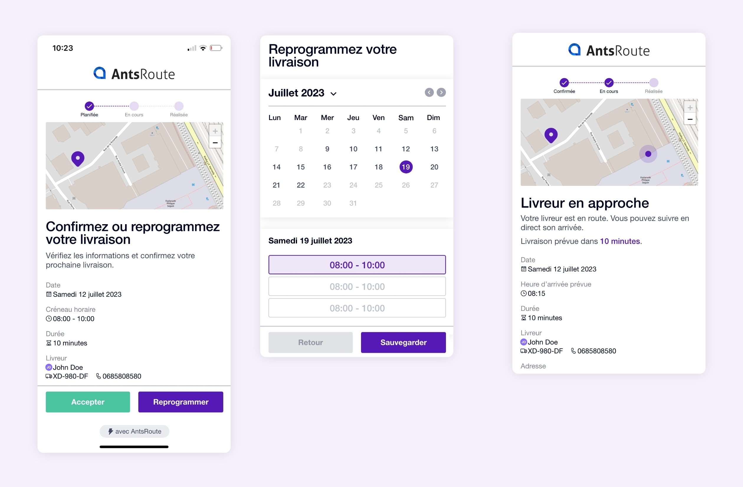 La reprogrammation et le suivi d'une livraison à l'aide des liens AntsRoute.