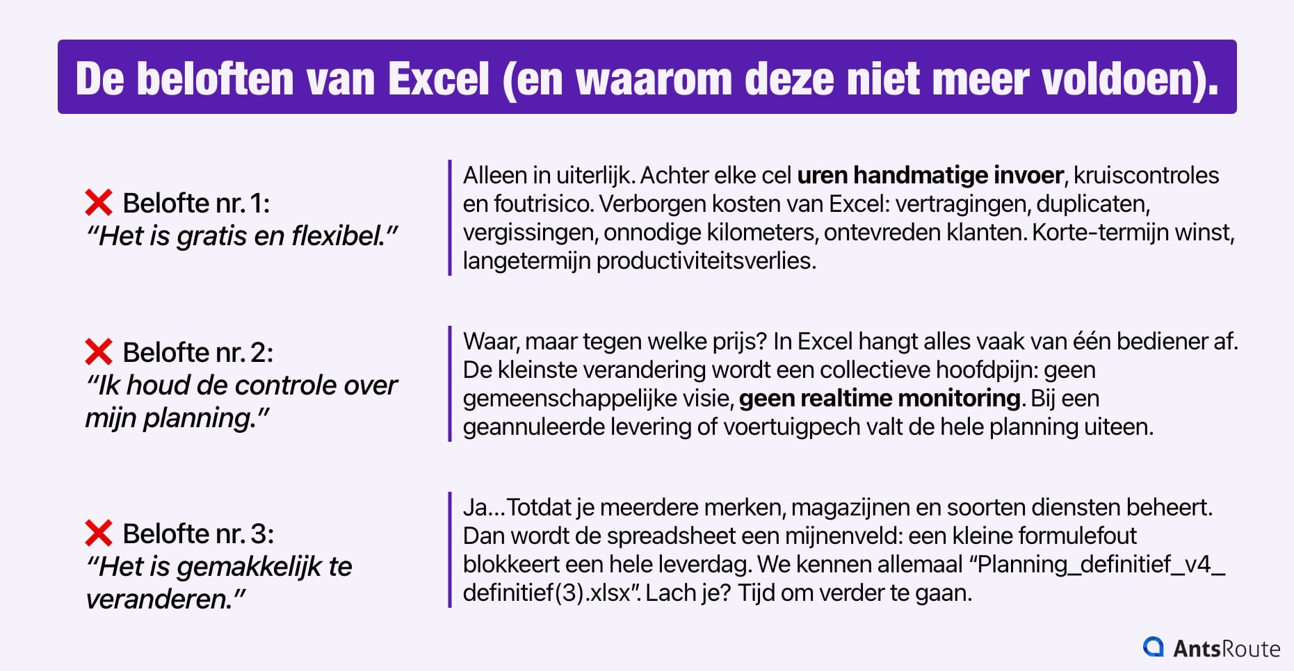 Schema dat de drie beloften van Excel toont en waarom ze in de transportsector niet meer standhouden.