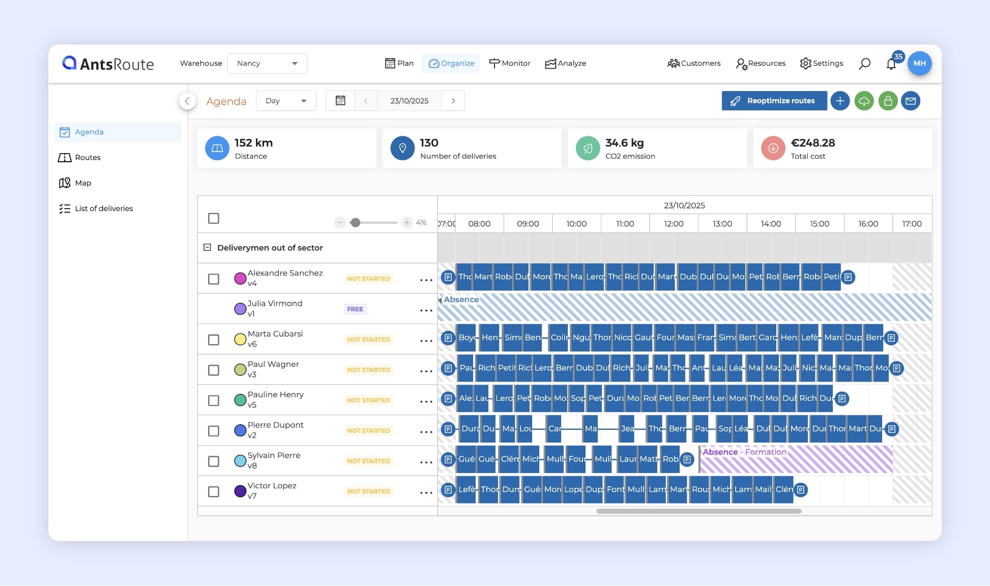 Route-planning interface screen: schedule for 7 field teams displayed with the list of stops to complete, with statuses and time slots.