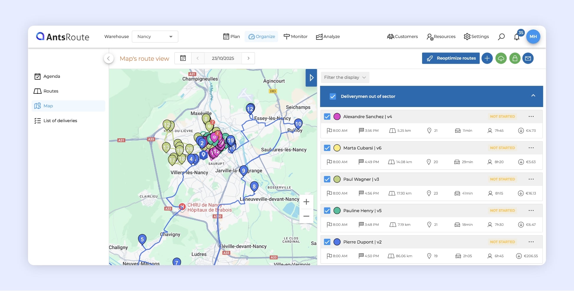 Route-planning interface screen: a map showing 5 routes in distinct colors, with each stop marked as a point along the path.