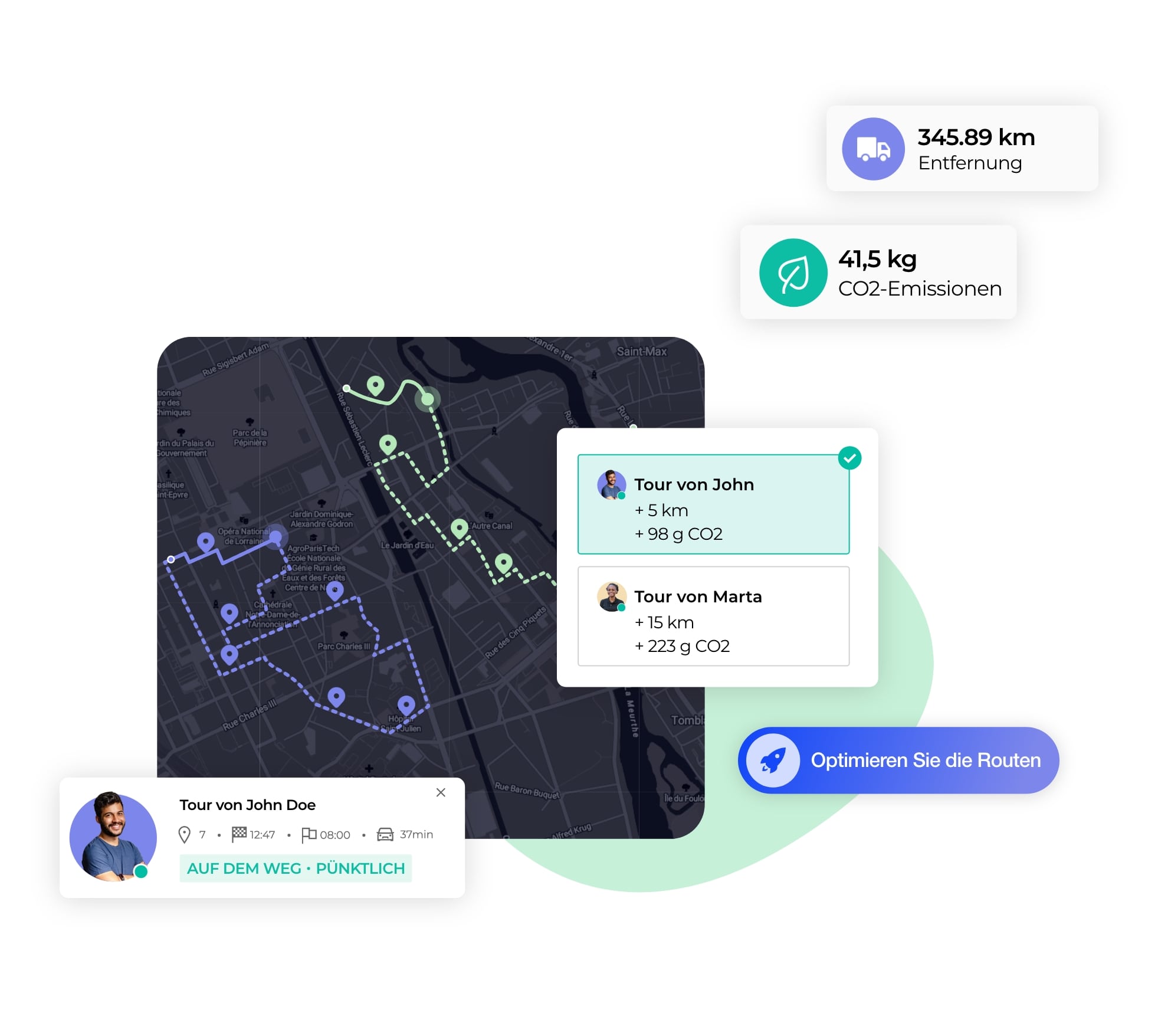 Optimierung von zwei Routen auf der AntsRoute-Schnittstelle, mit einer Reduzierung der CO2-Emissionen.