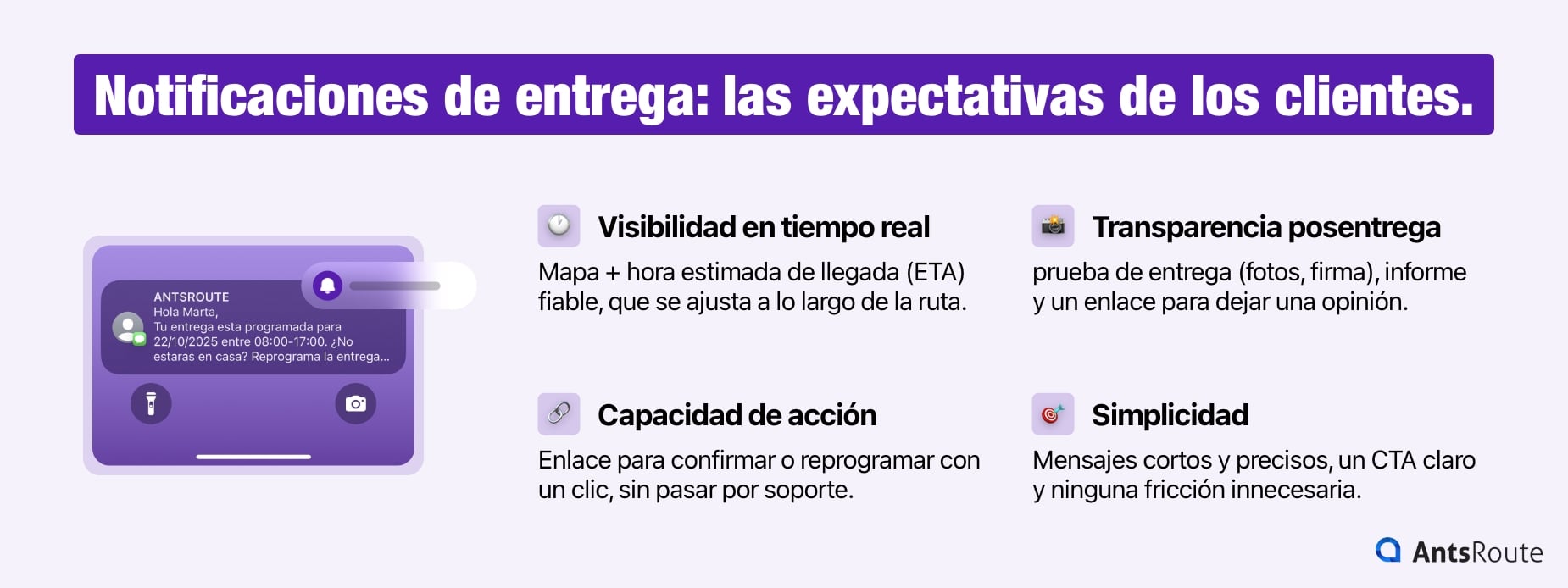 Infografía de buenas prácticas para notificar entregas: ETA clara, link de seguimiento, alertas por etapas, opciones de contacto y aplazamiento.