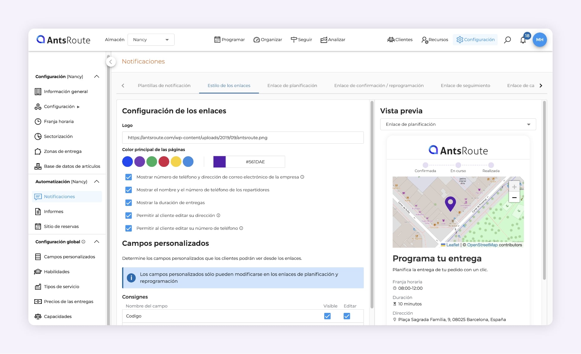Captura de pantalla de AntsRoute mostrando el editor de las páginas de seguimiento de entrega y la pantalla de confirmación/reprogramación, con ajustes de logo, colores, mensajes y campos del cliente.