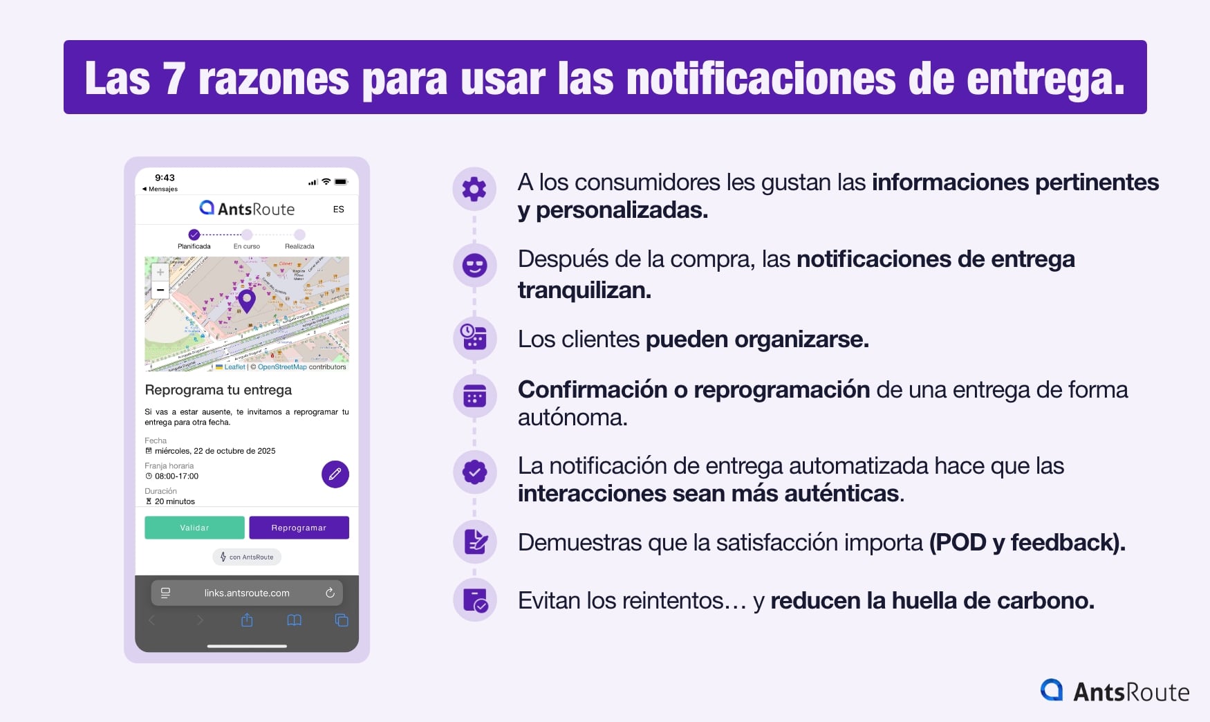 Esquema que presenta una lista de 7 razones para utilizar notificaciones de entrega.