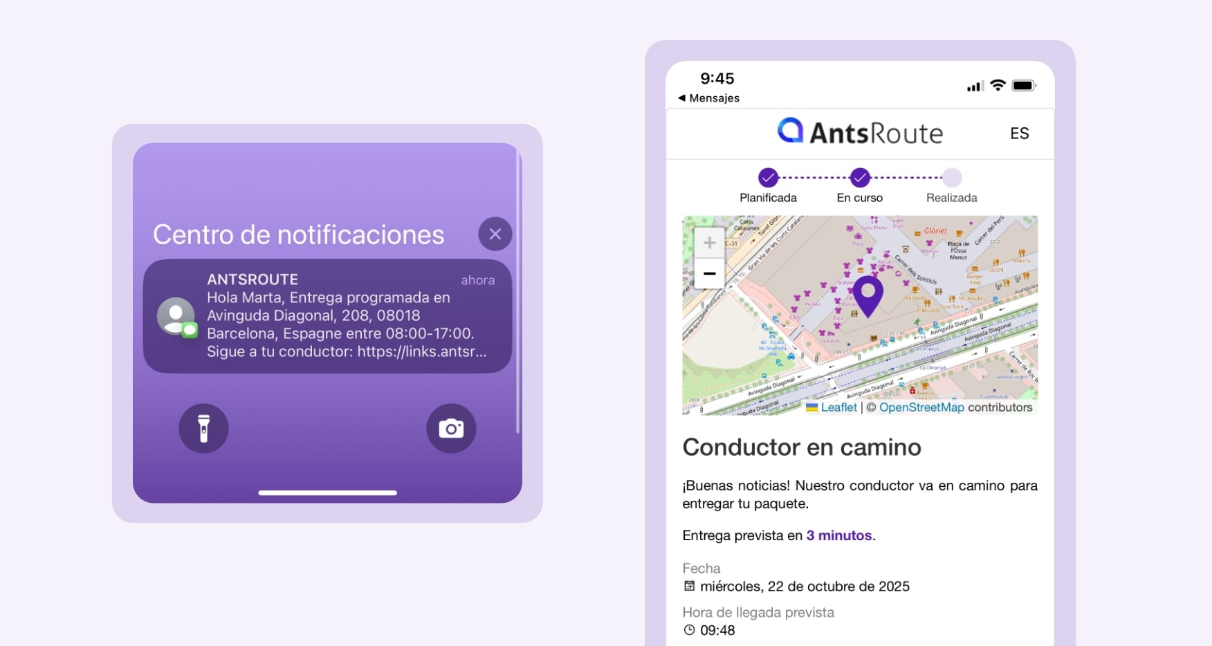 Modelo de notificación de entrega indicando la aproximación del repartidor enviada a través de AntsRoute.
