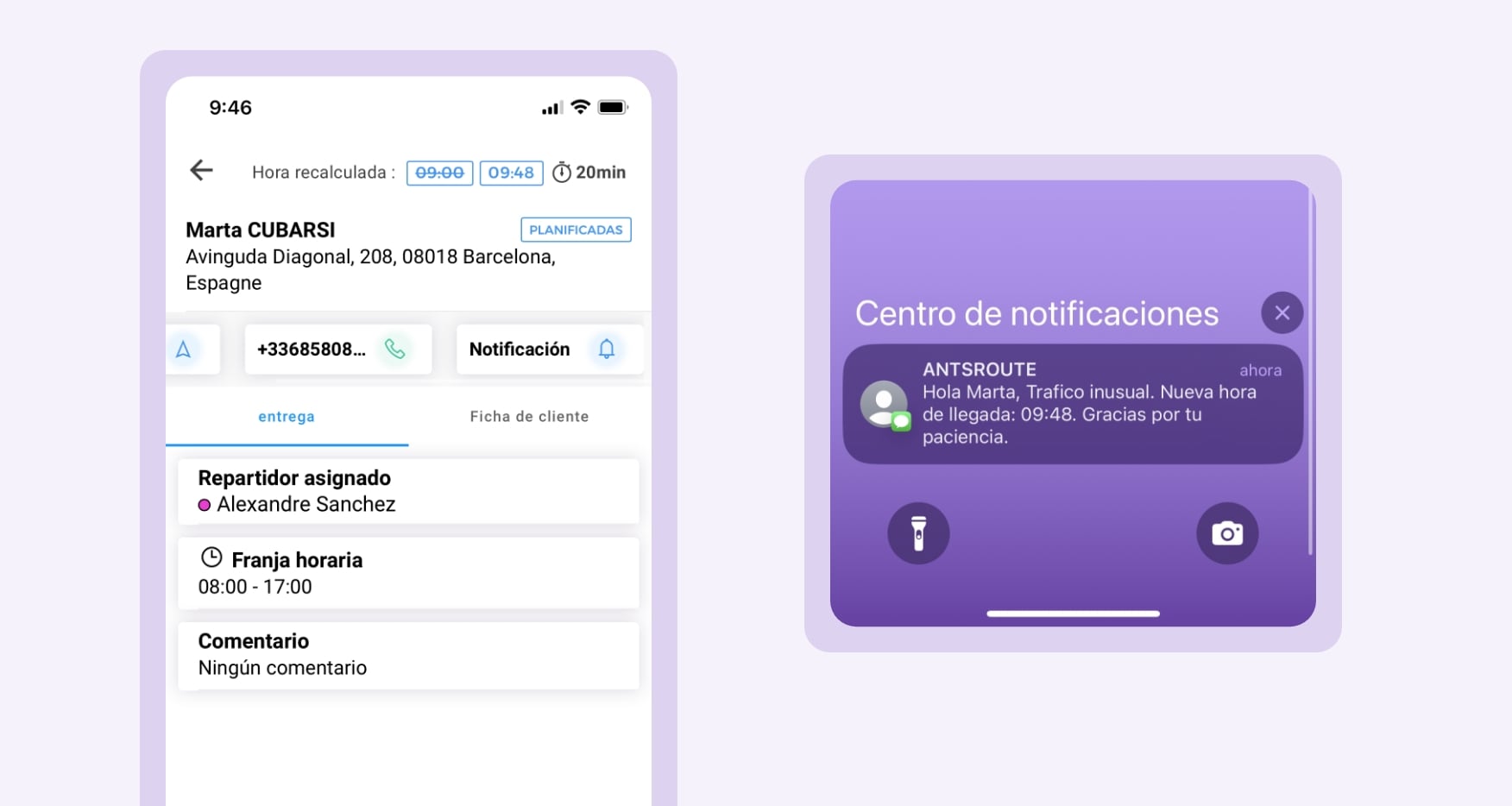 Modelo de notificación de entrega enviada a través de la aplicación móvil de AntsRoute por el conductor–repartidor.